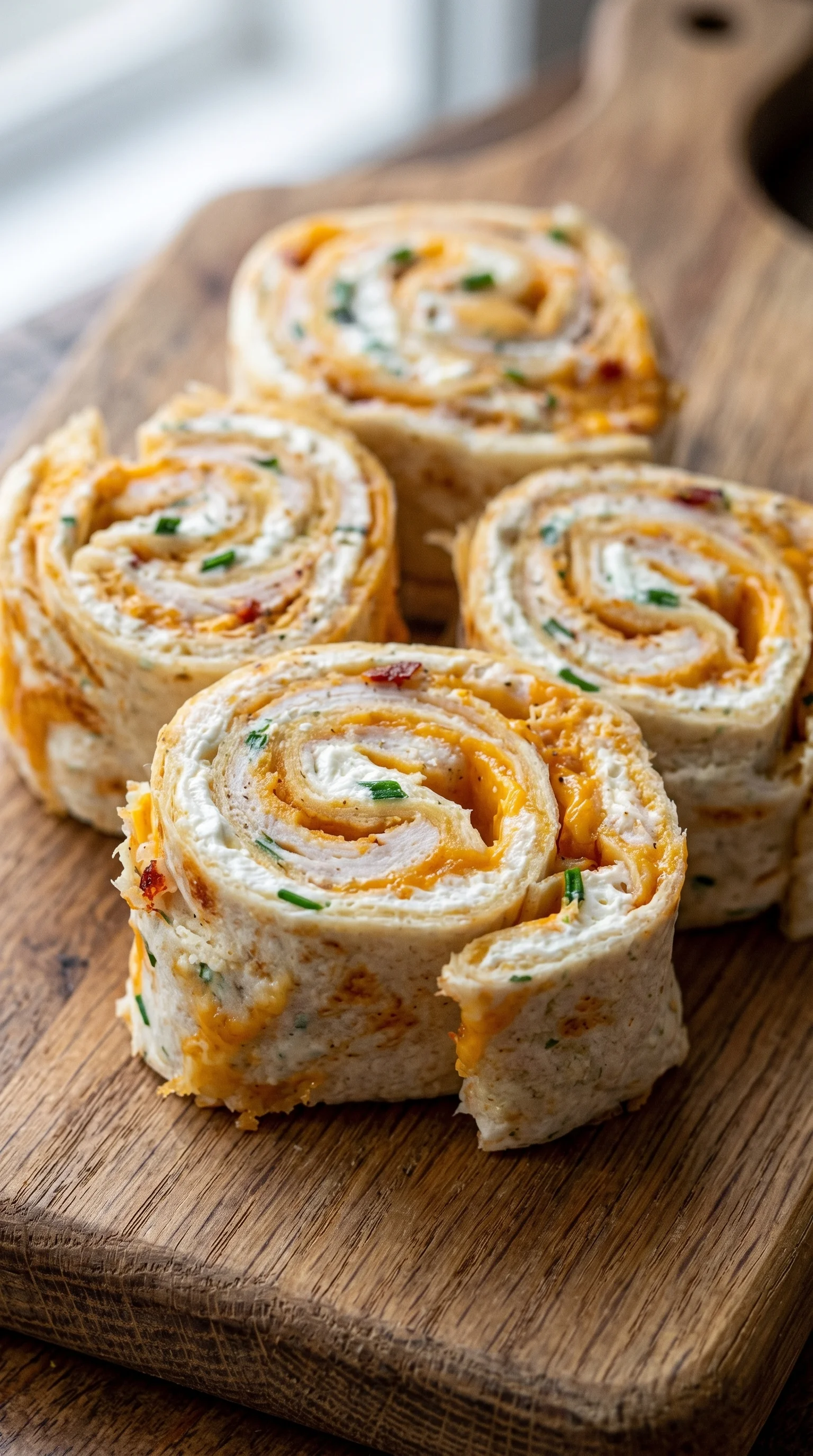 Four Frischkäse Roll Ups on a wooden table.