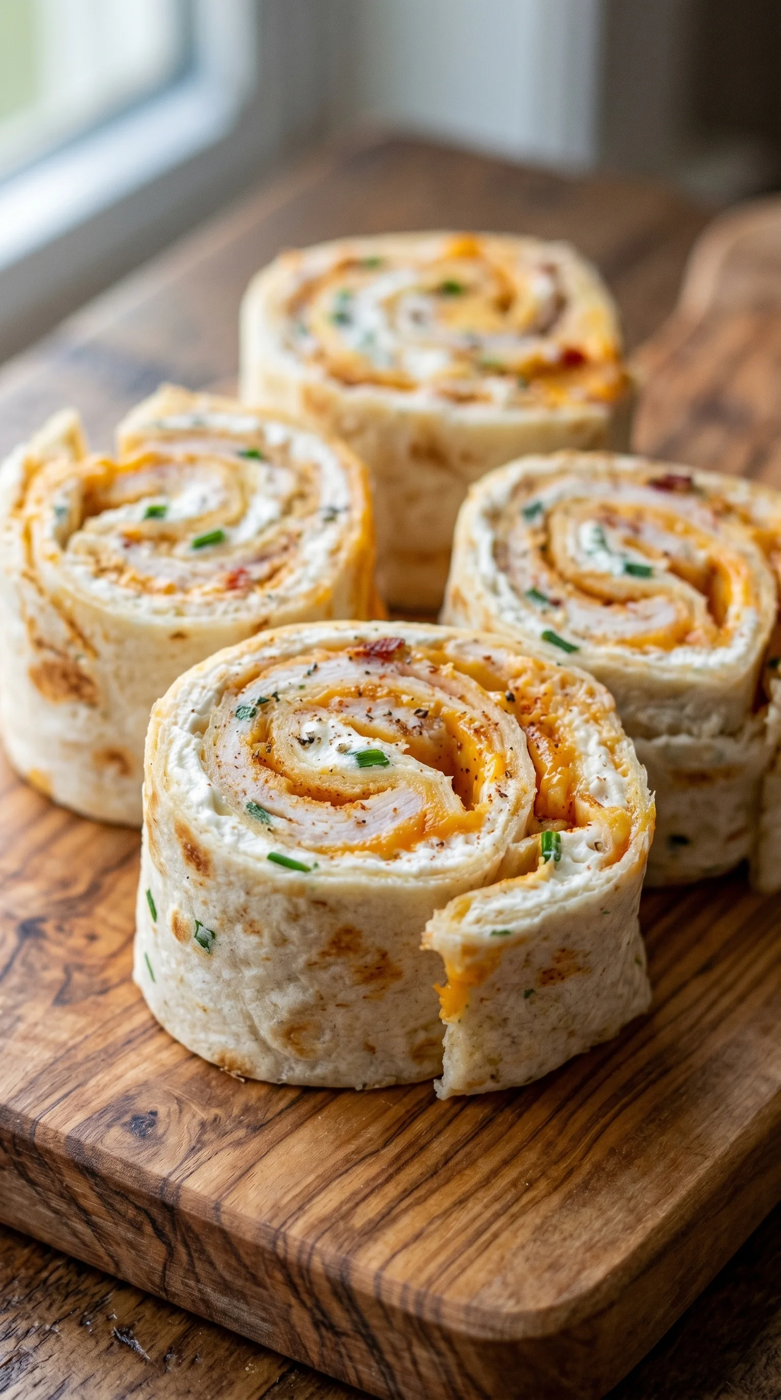 Four Frischkäse Roll Ups on a wooden table.