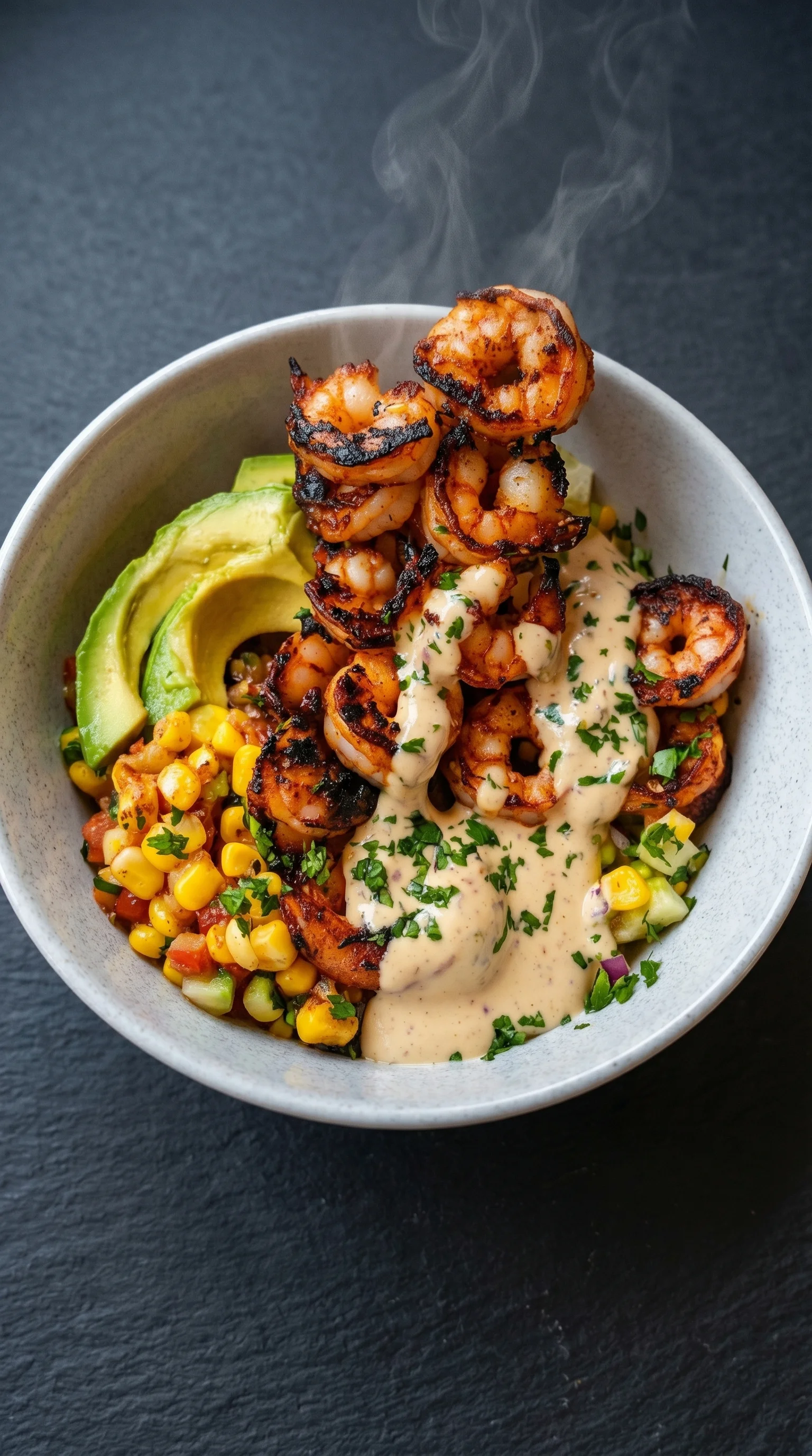 A bowl of shrimp with avocado, salsa, and cream sauce.