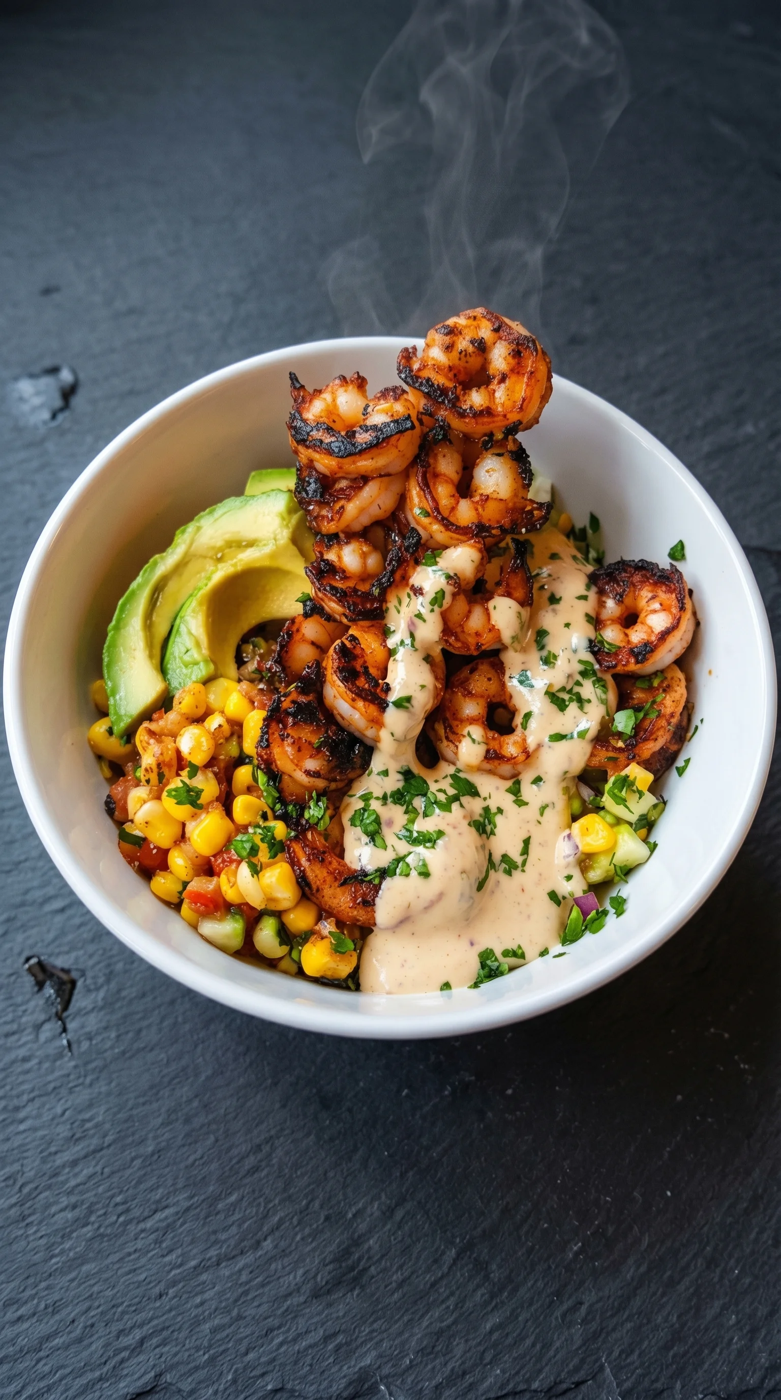 A bowl of shrimp with avocado, salsa, and cream sauce.