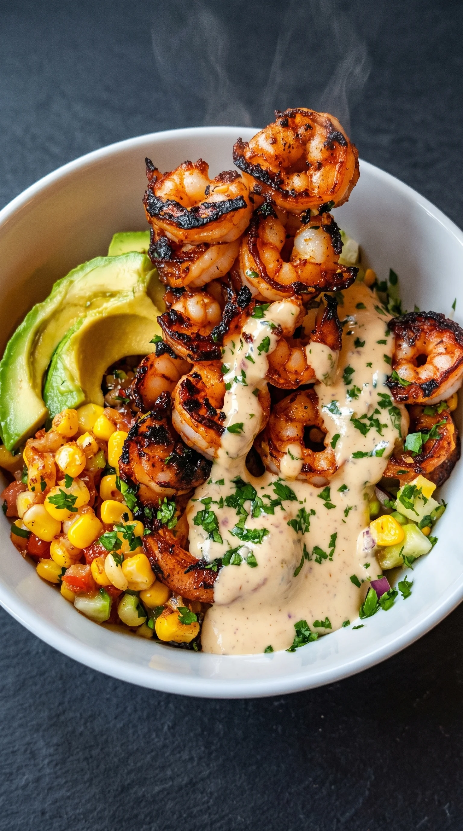 A bowl of shrimp with avocado, mayo, and cream sauce.