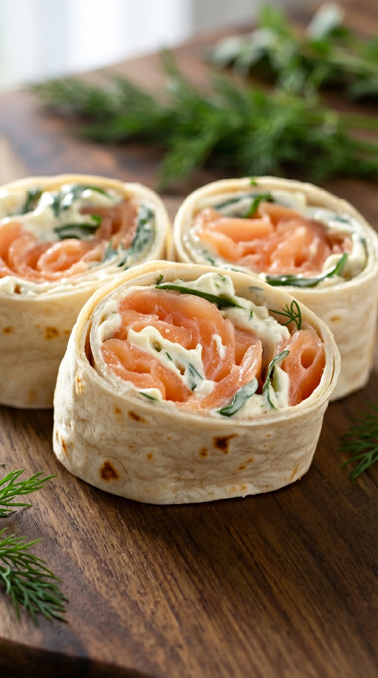 Three rolls of salmon with greens.