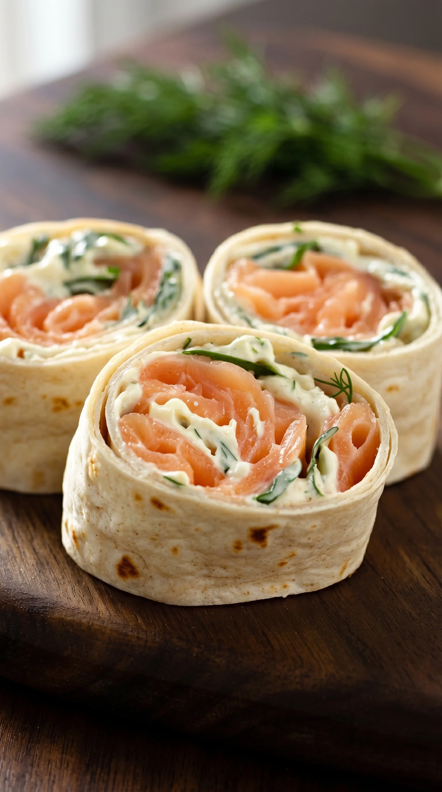Three rolls of salmon with greens.