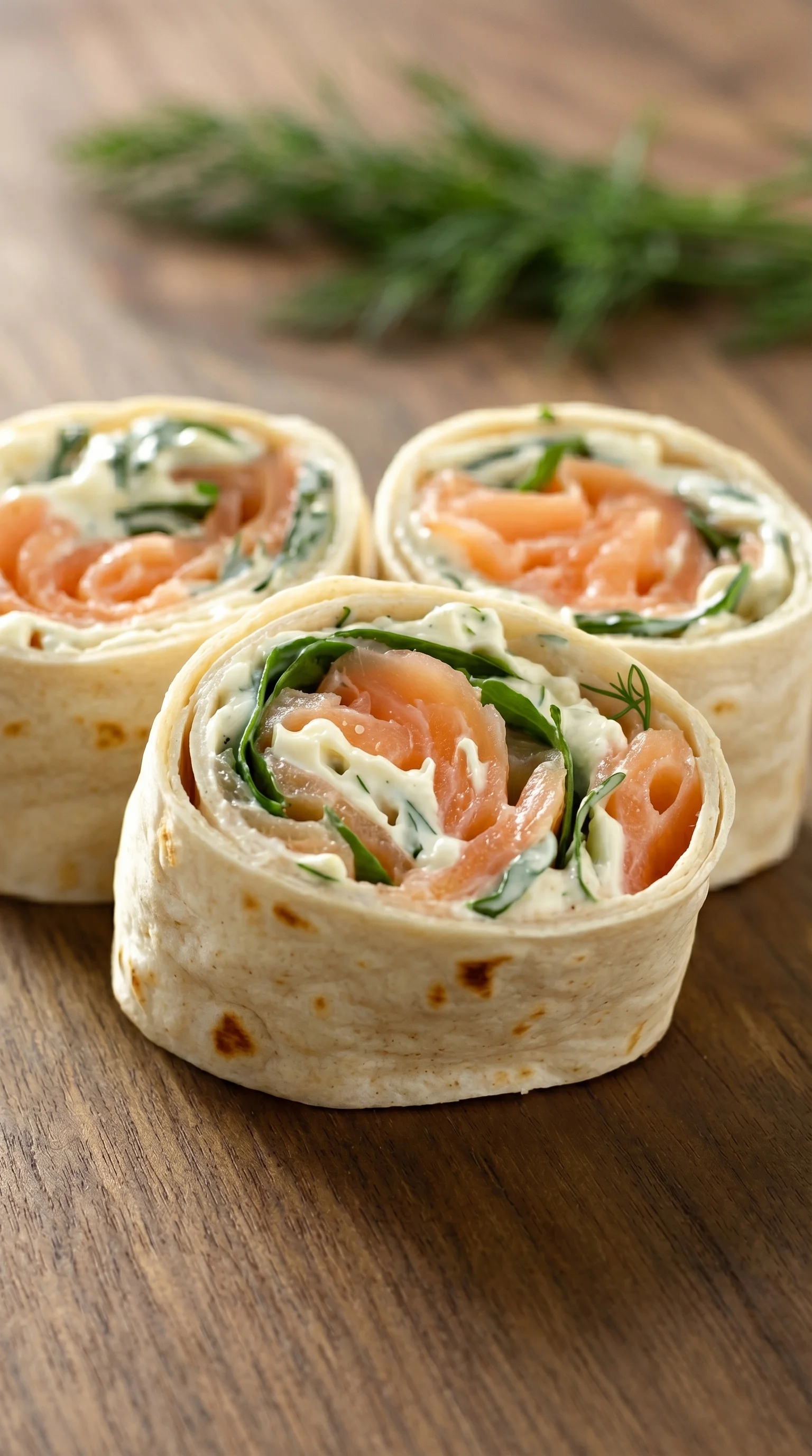 Three rolls of salmon with greens.