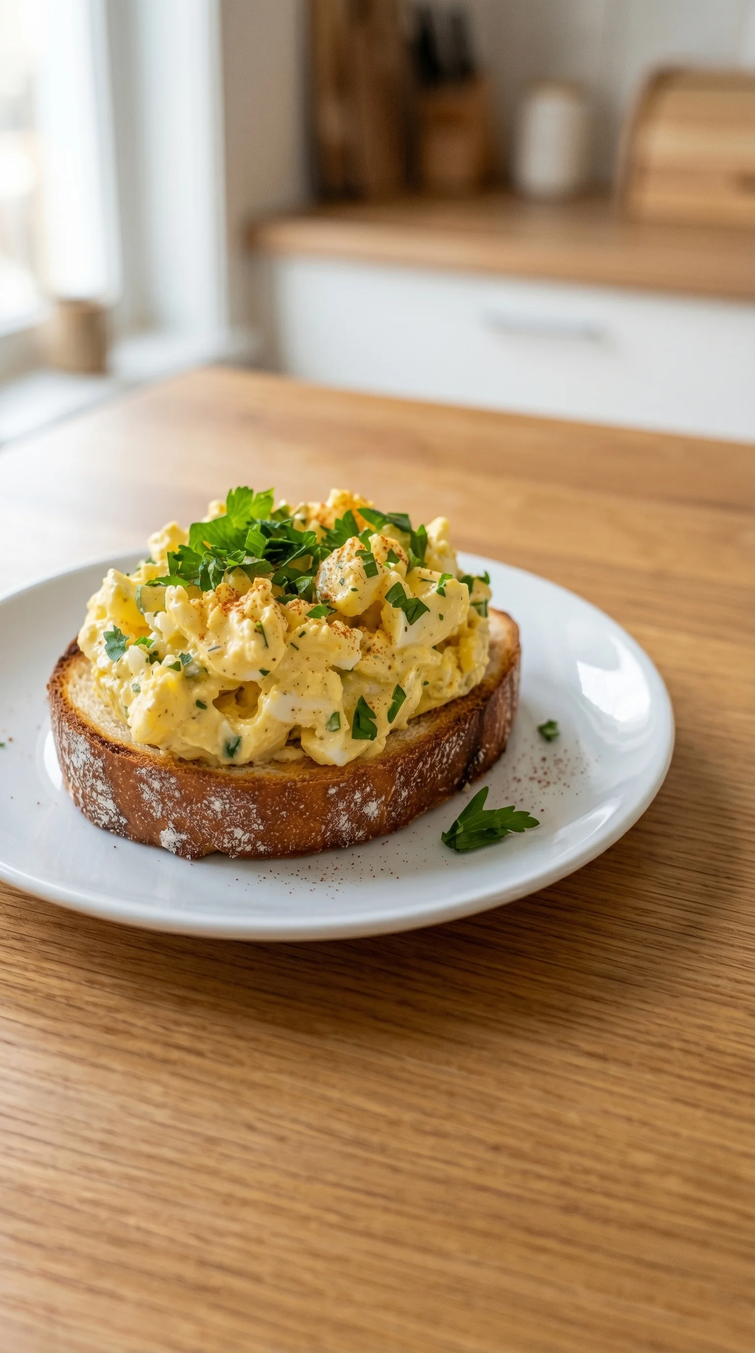 A plate of egg salad with a slice of bread on top.