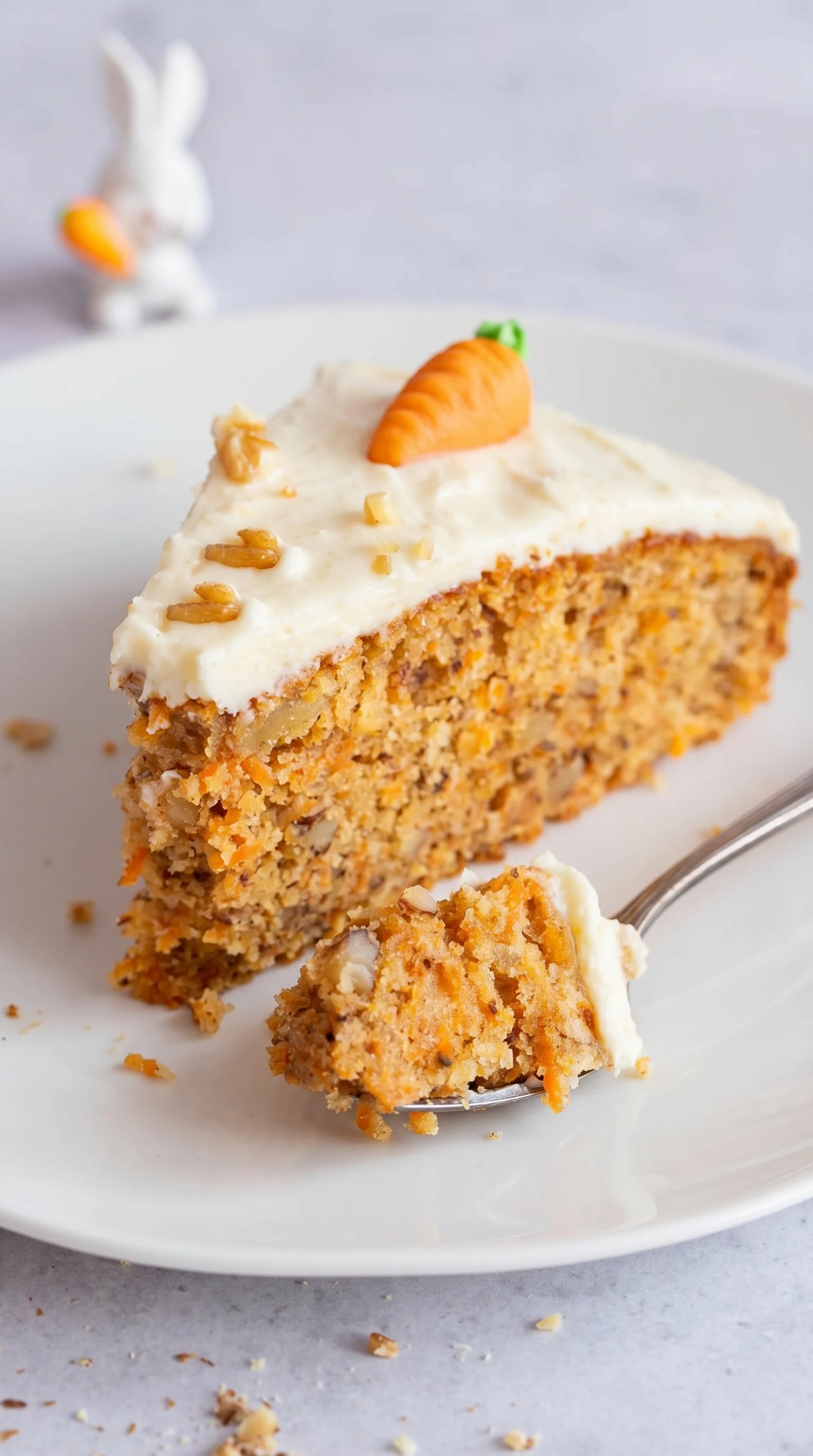 A slice of carrot cake with white frosting.