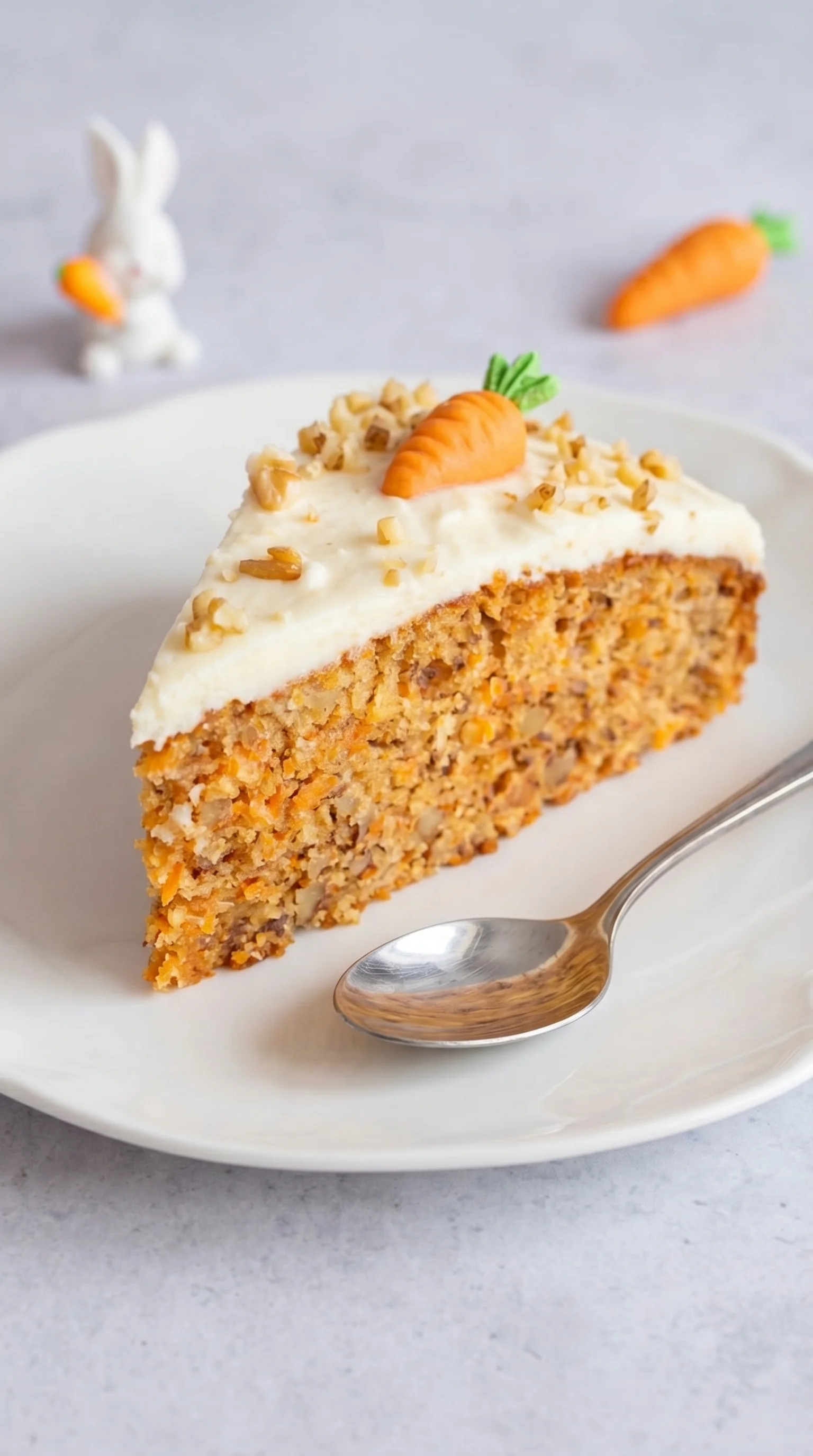 A slice of carrot cake with white frosting on a plate.