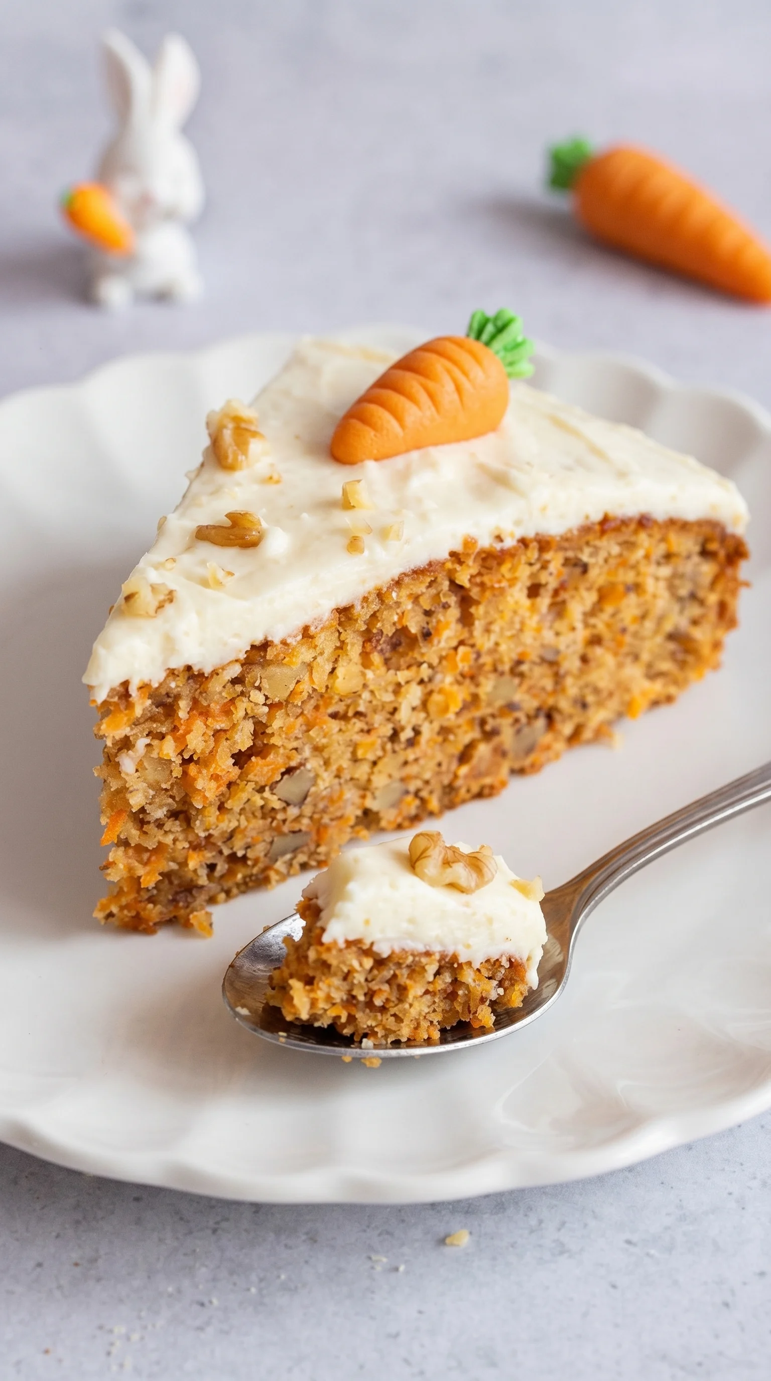 A slice of carrot cake with white frosting.