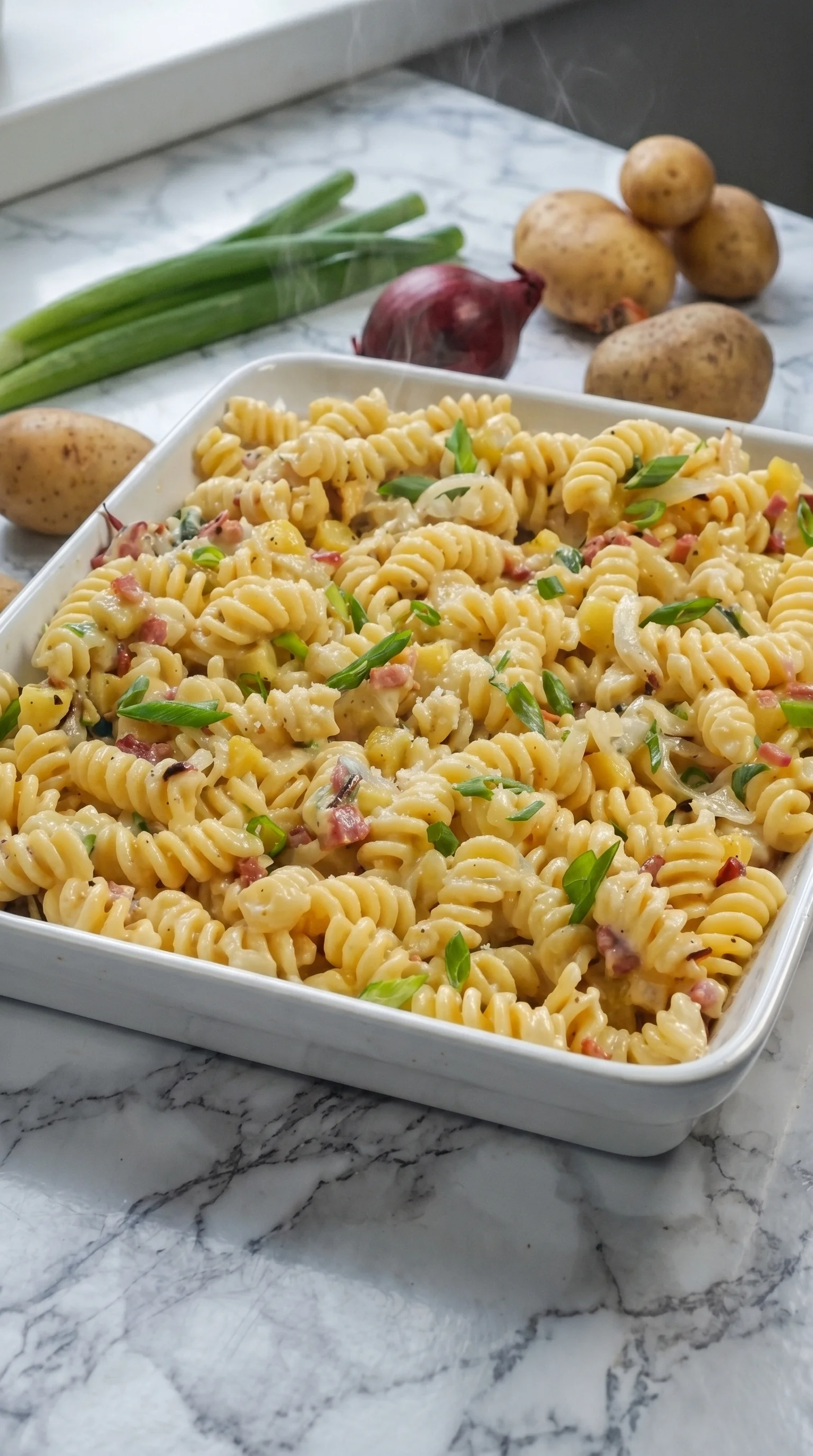 A dish of pasta with vegetables and meat.