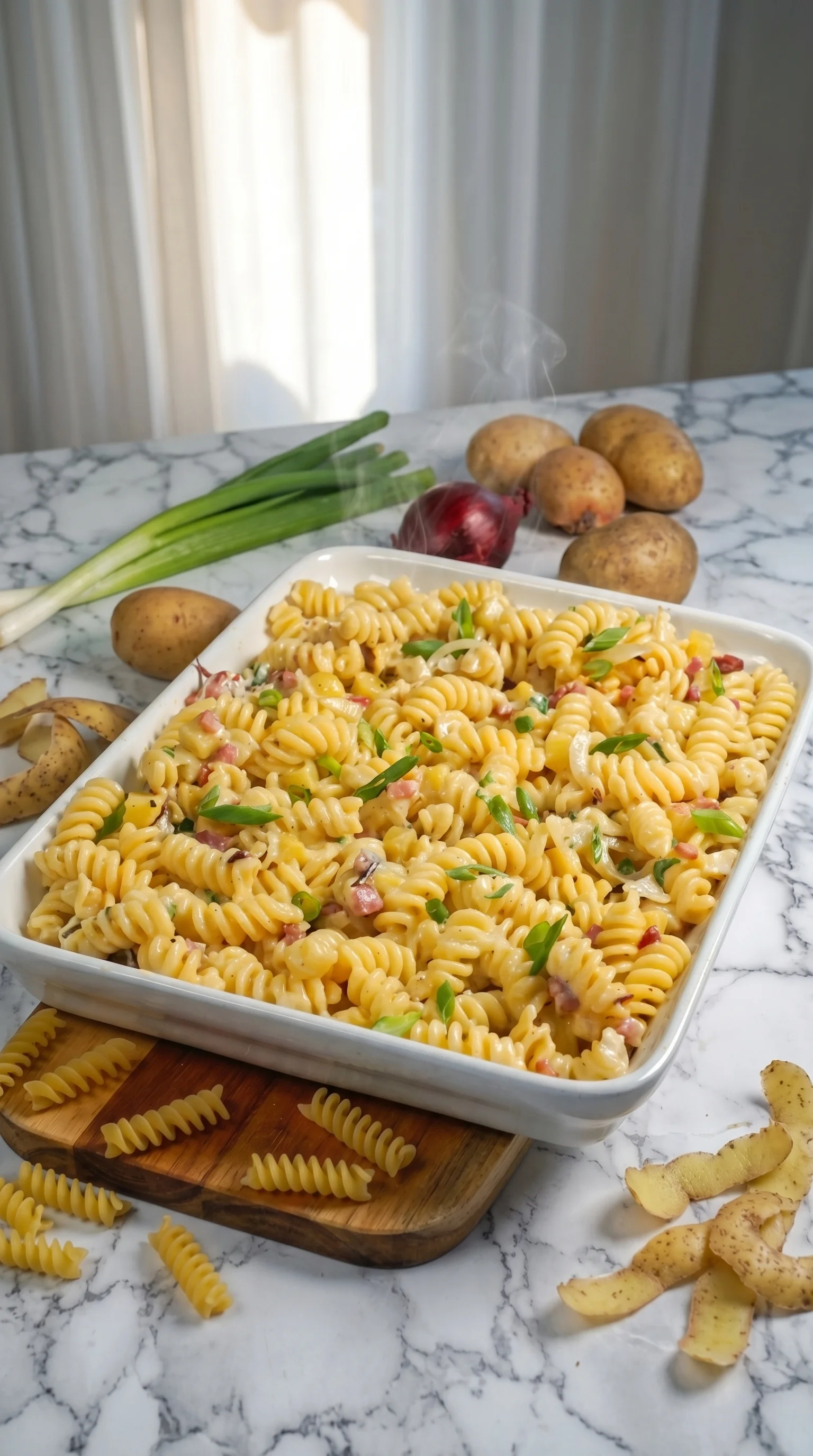A dish of pasta with vegetables and meat.