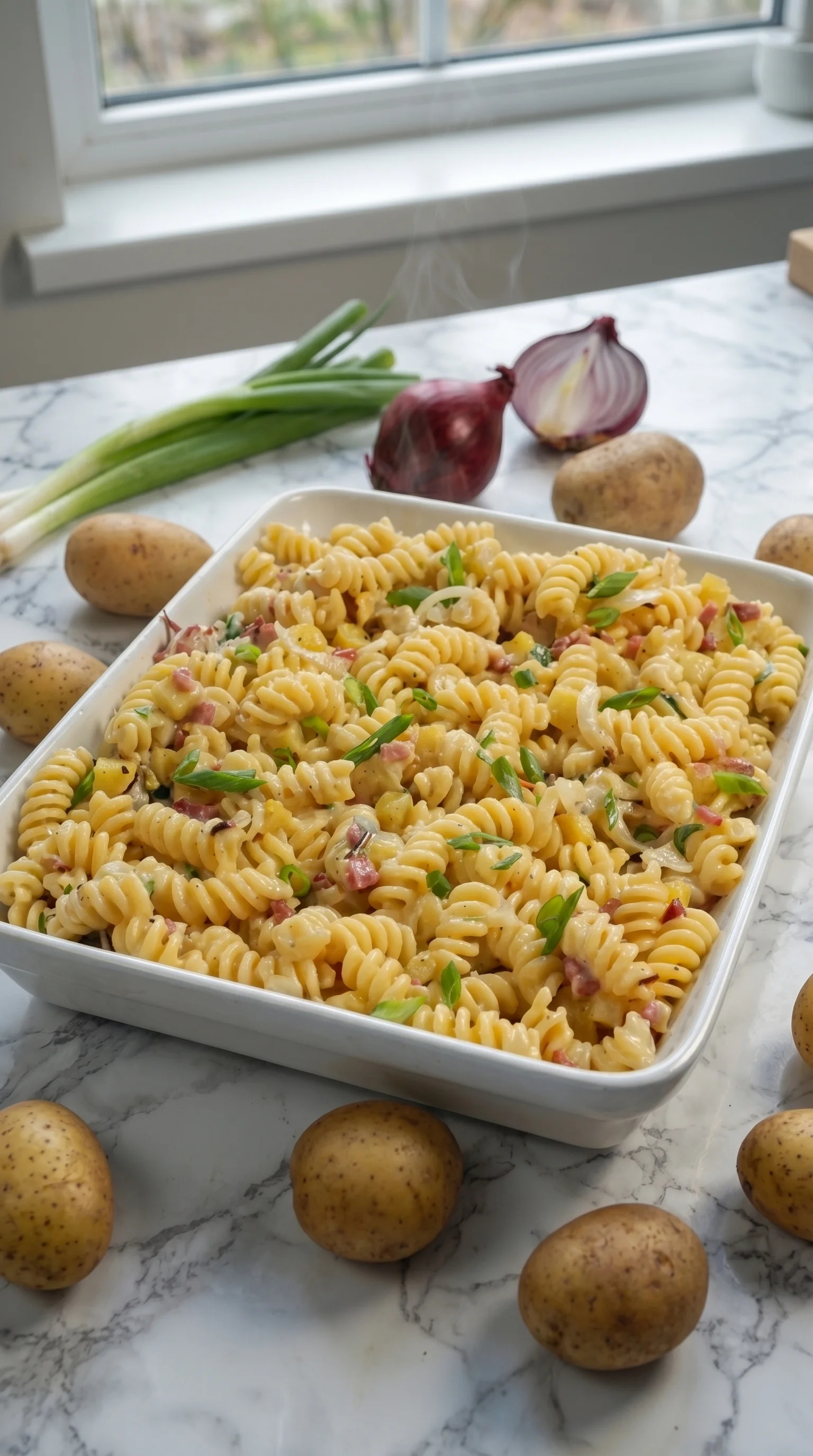 A dish of pasta with vegetables and meat.