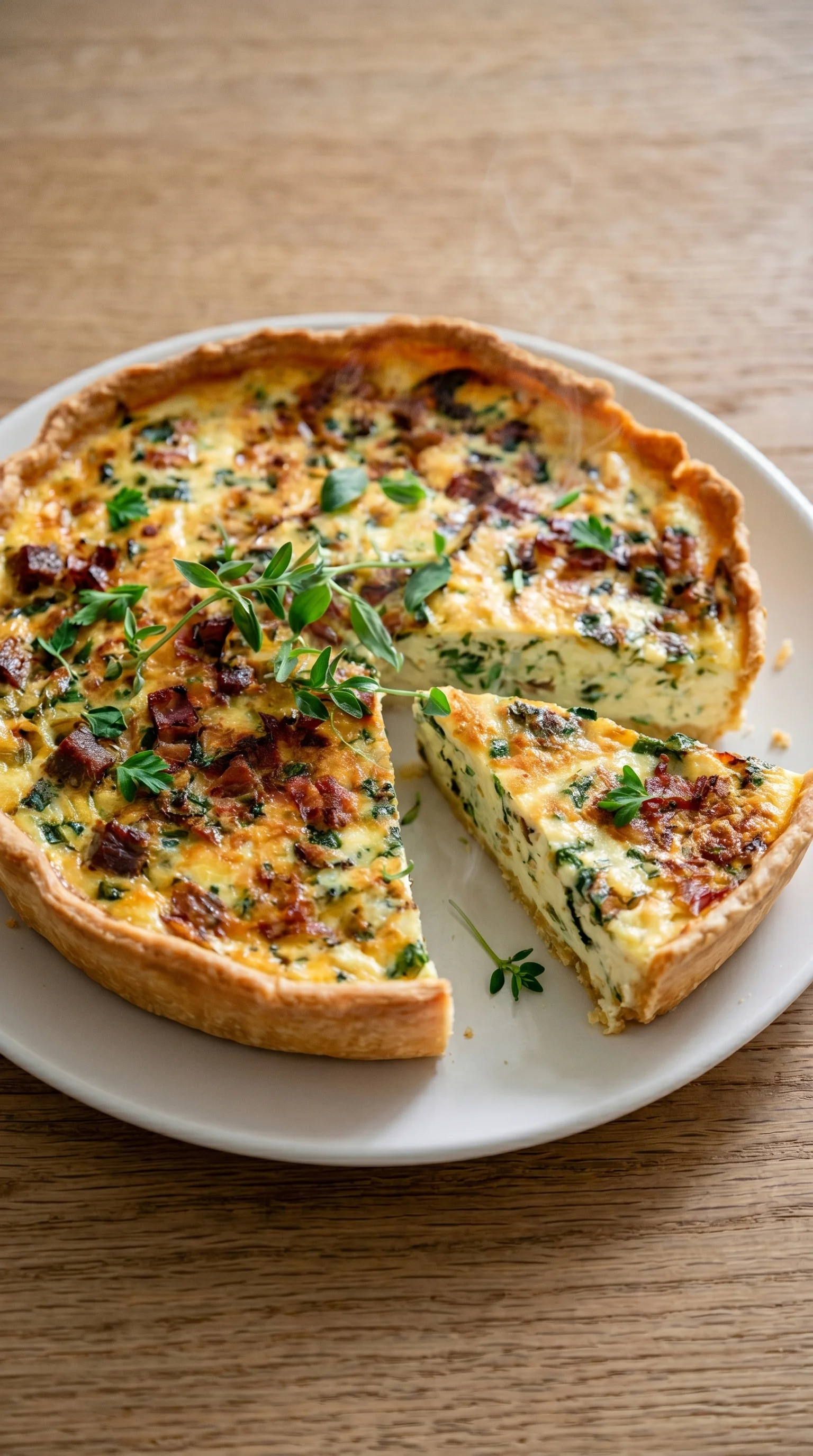 A slice of quiche with bacon and spinach.