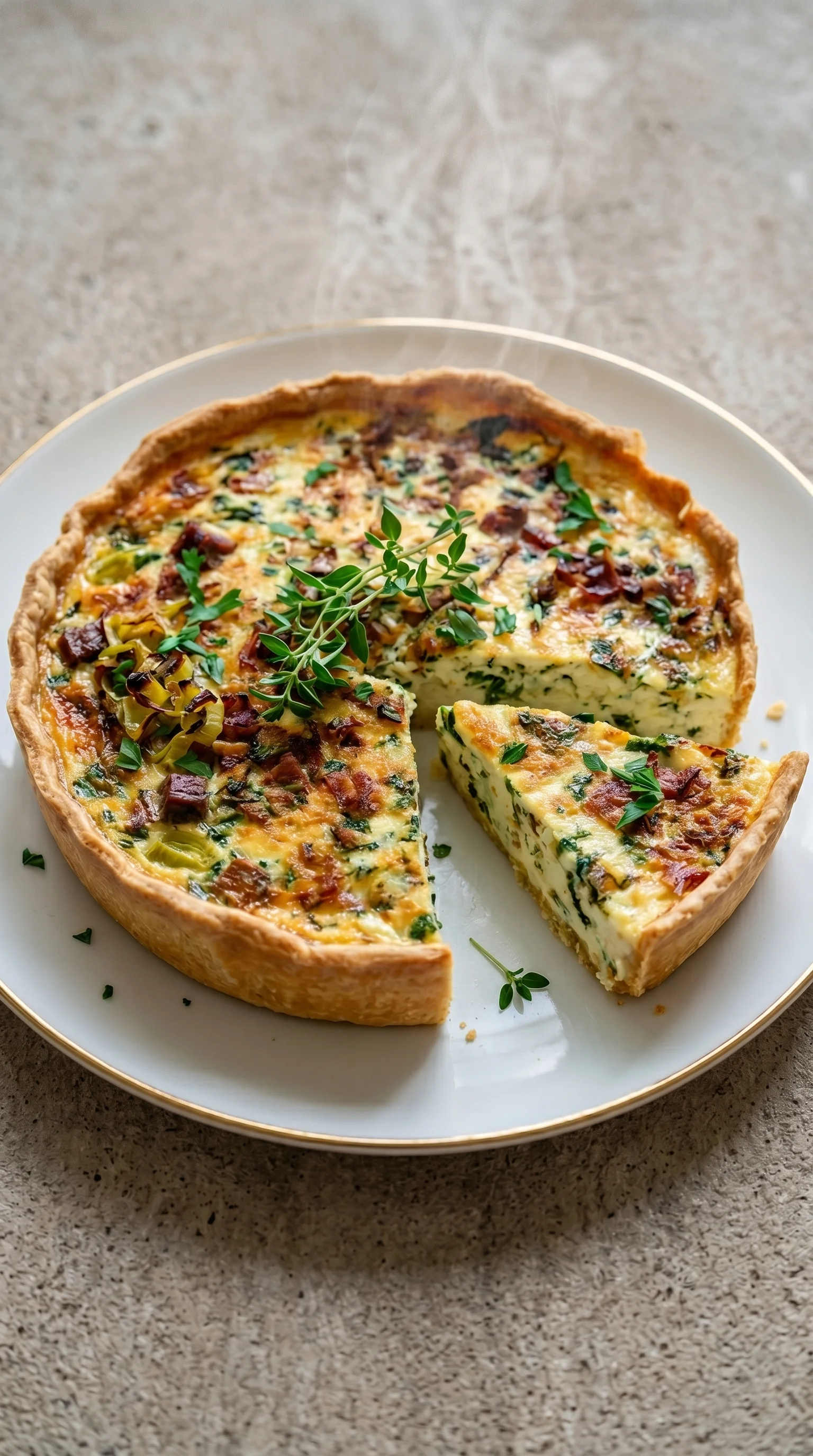 A slice of quiche with bacon and spinach.