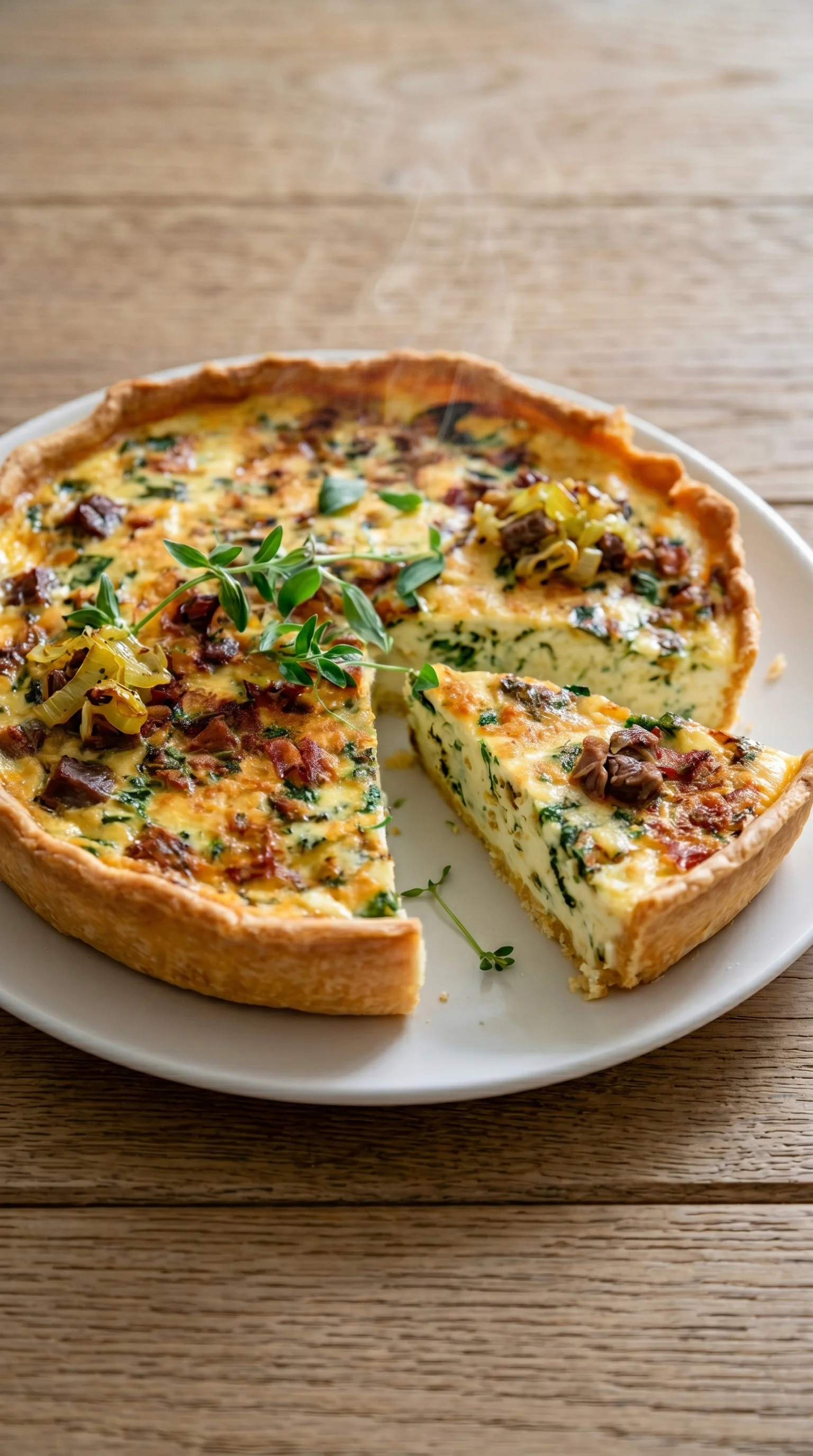 A slice of quiche with bacon and spinach.