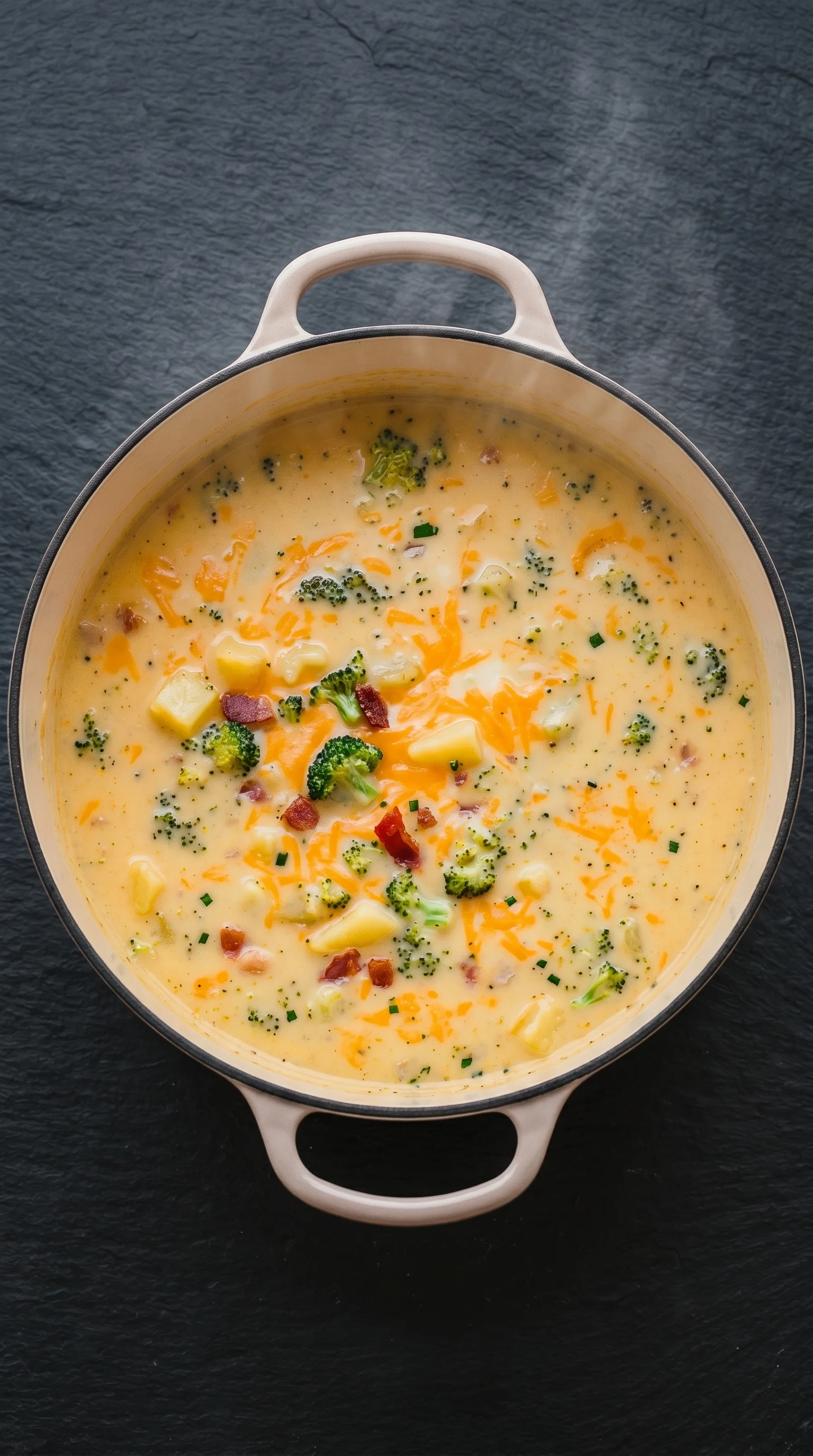 A bowl of soup with broccoli, cheese and potatoes.