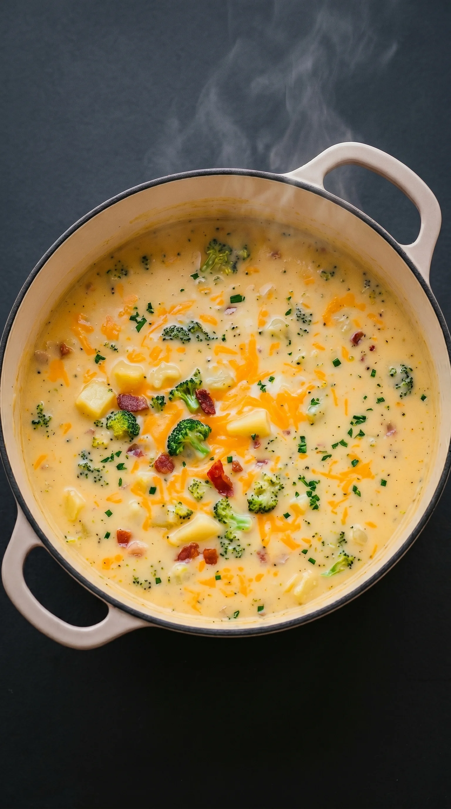 A bowl of soup with broccoli and cheese.