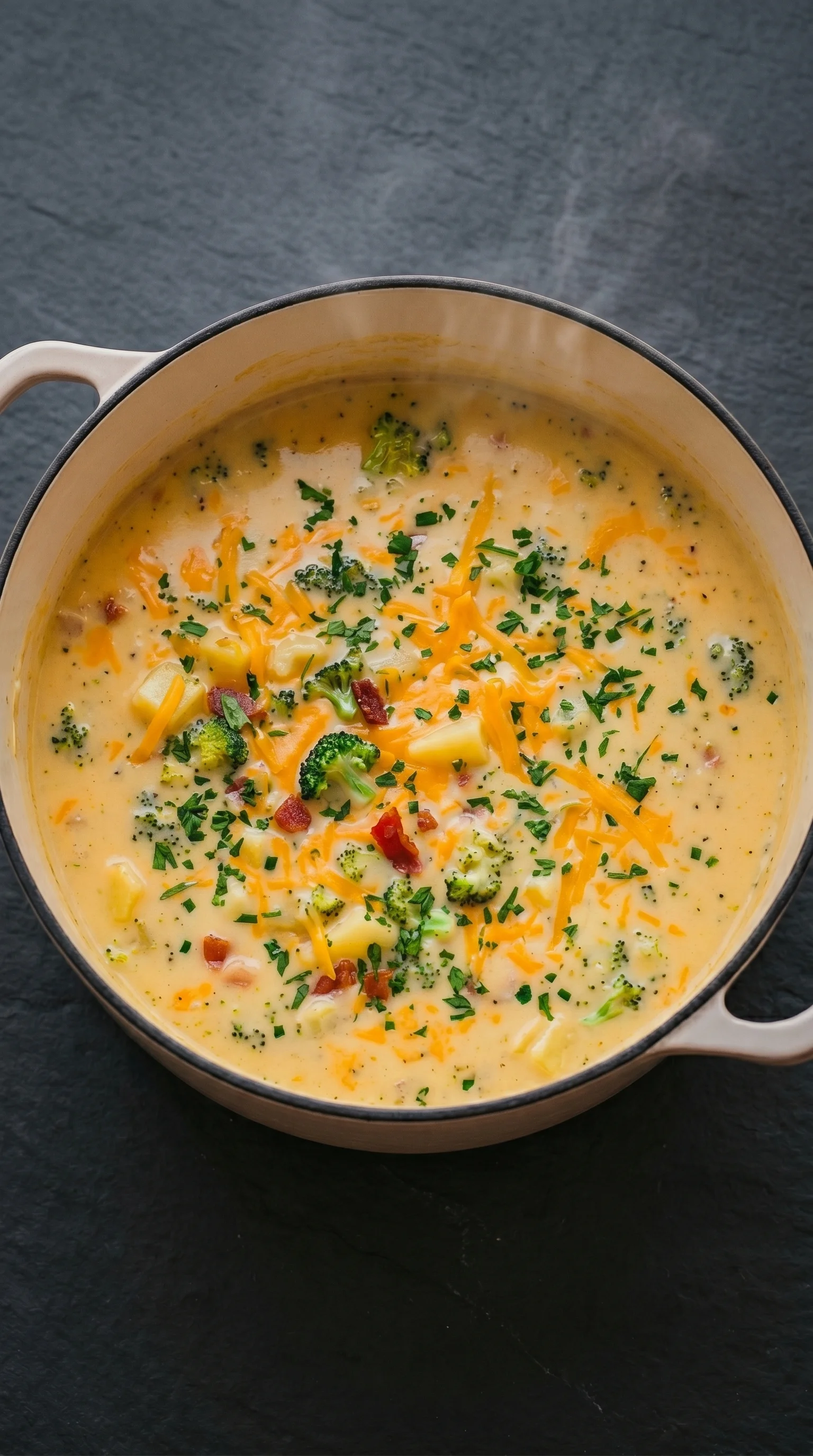 A bowl of soup with broccoli, cheese, and potatoes.