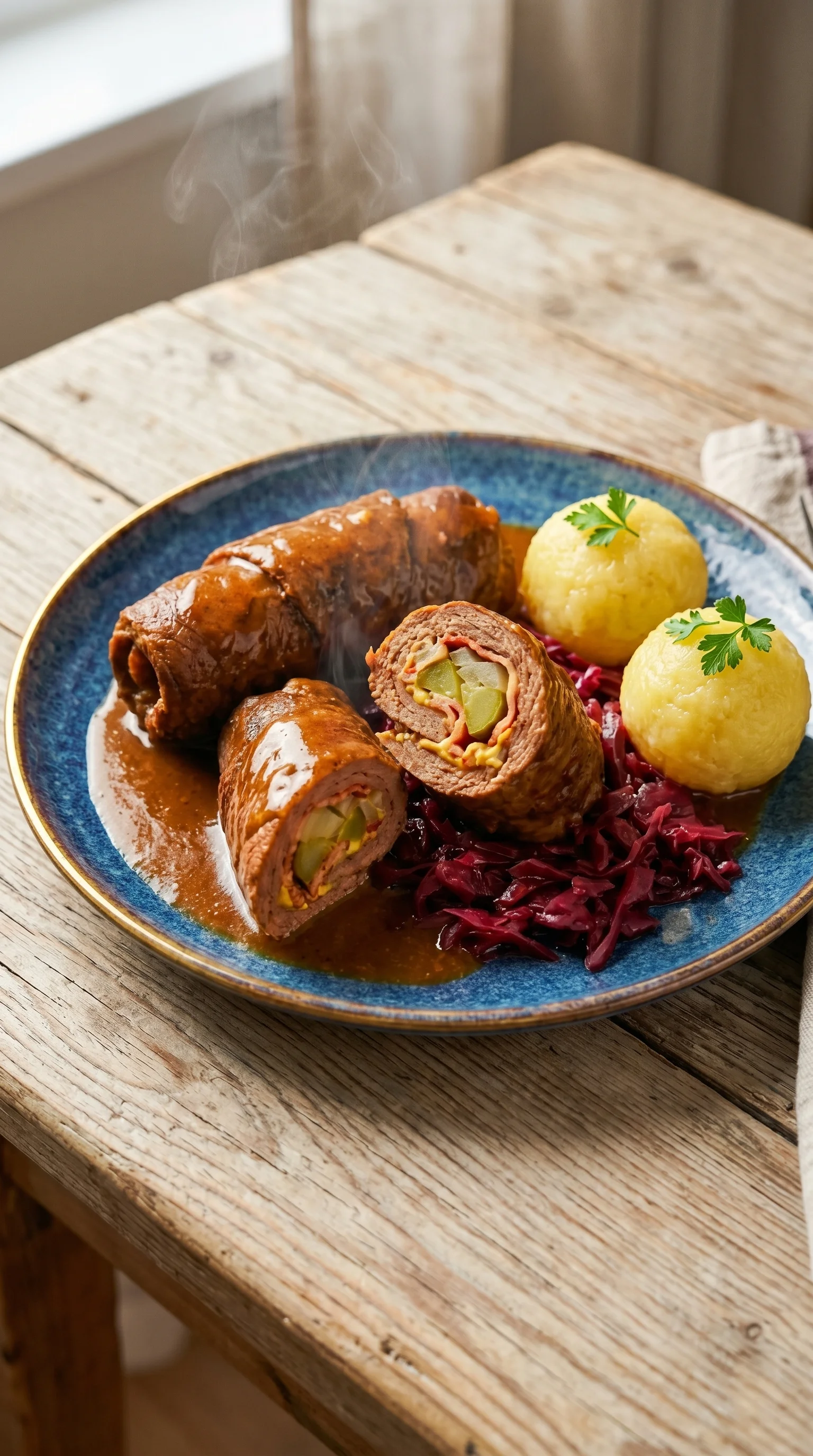 A plate of food with a sausage and a potato.