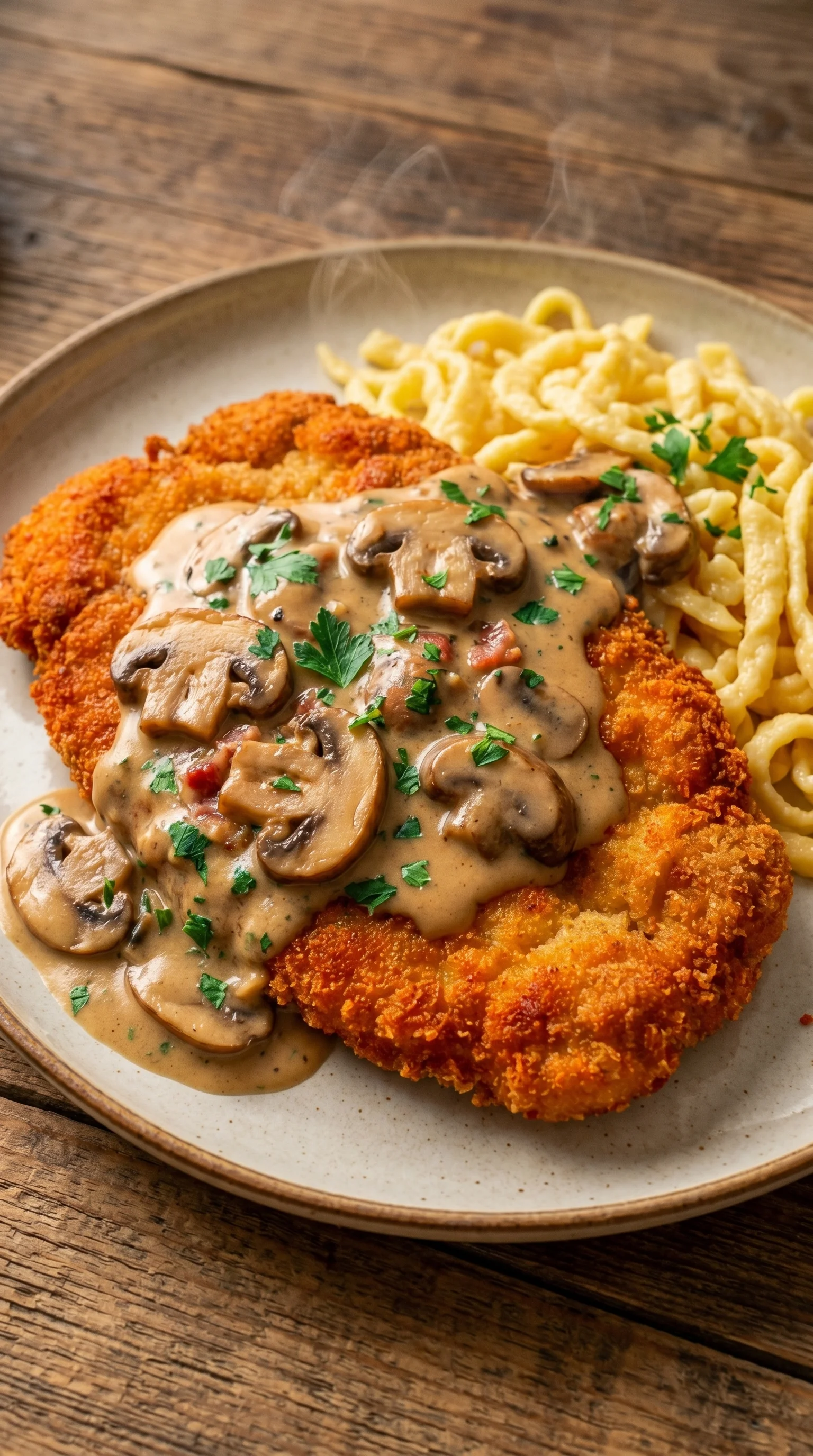 A plate of food with mushrooms and noodles.