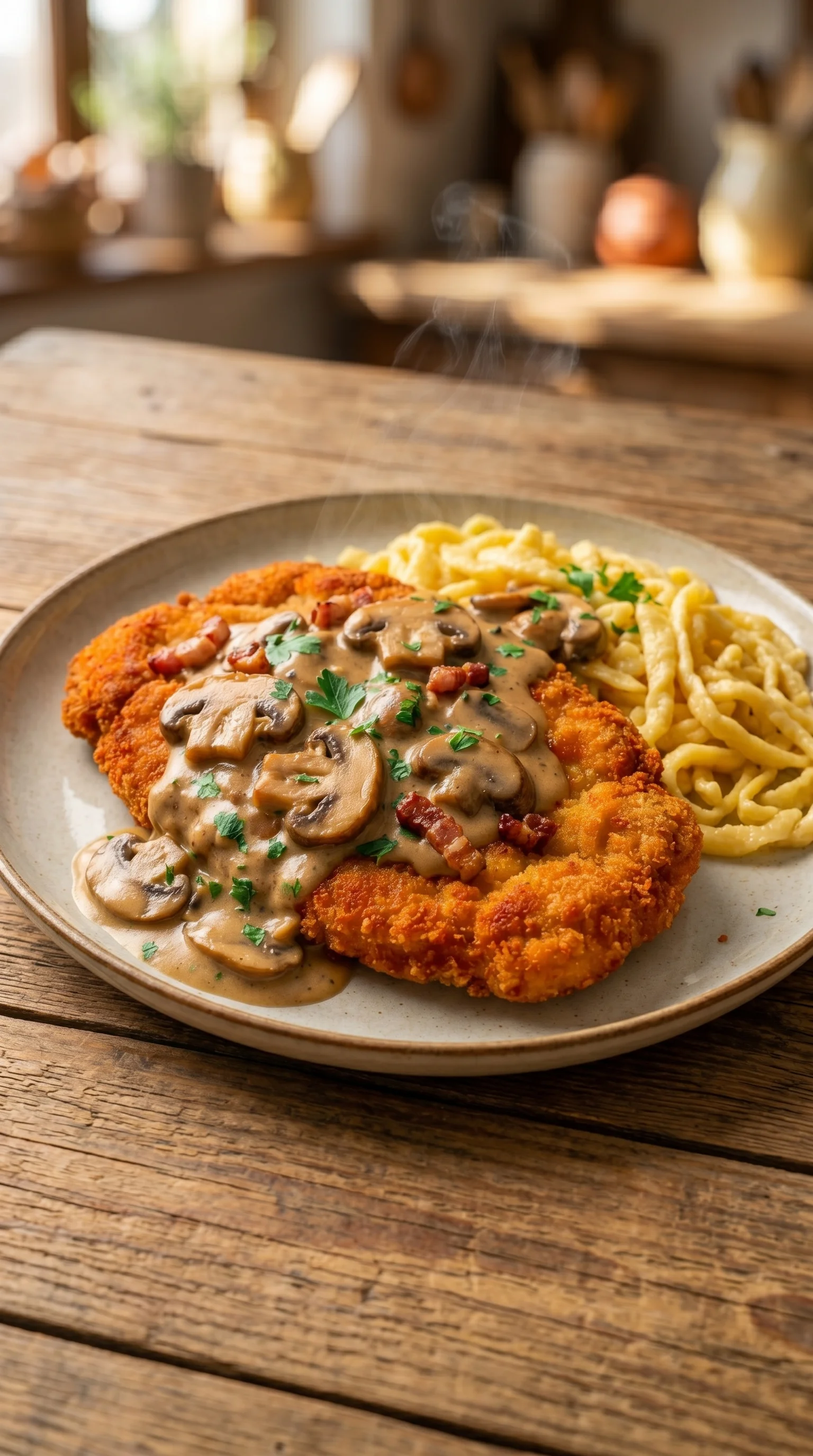 A plate of Jägerschnitzel with mushrooms and bacon.