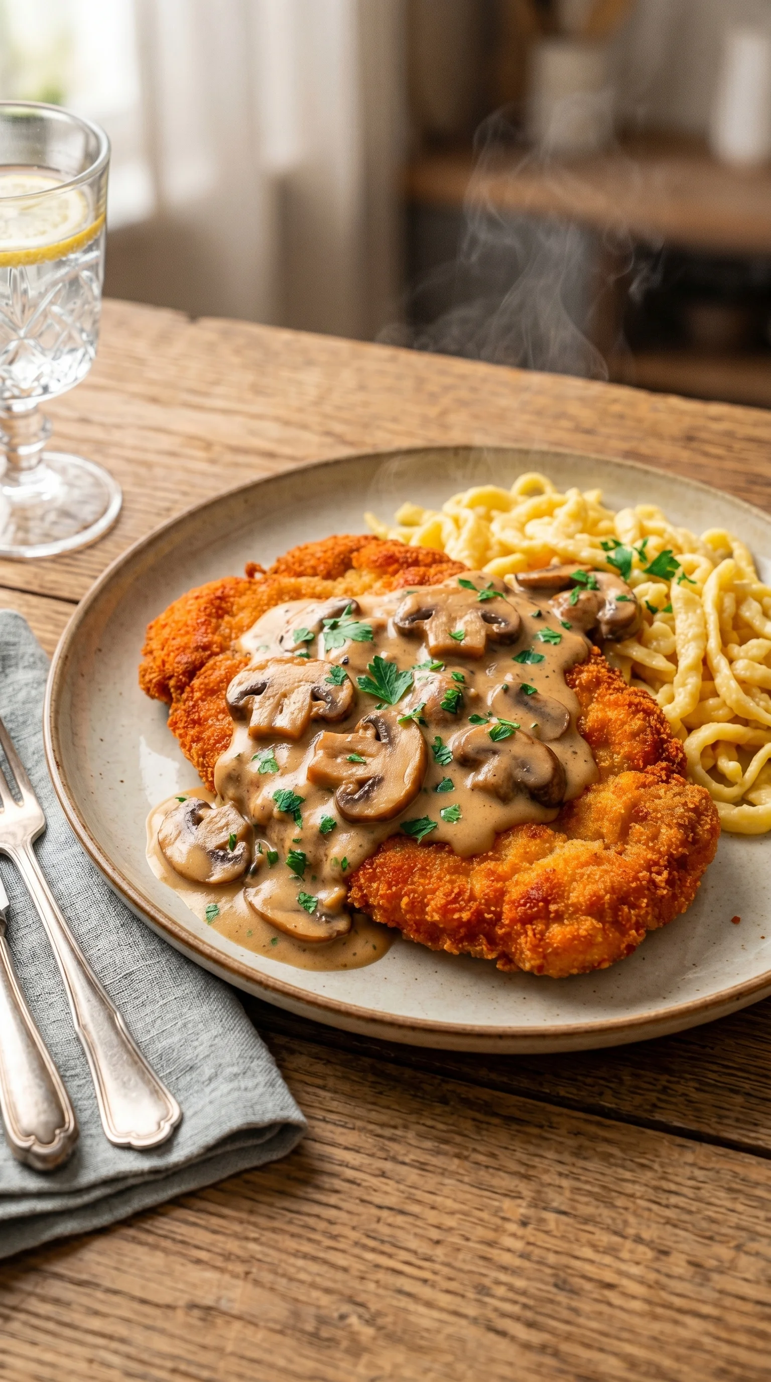 A plate of Jägerschnitzel with mushrooms and sauce.