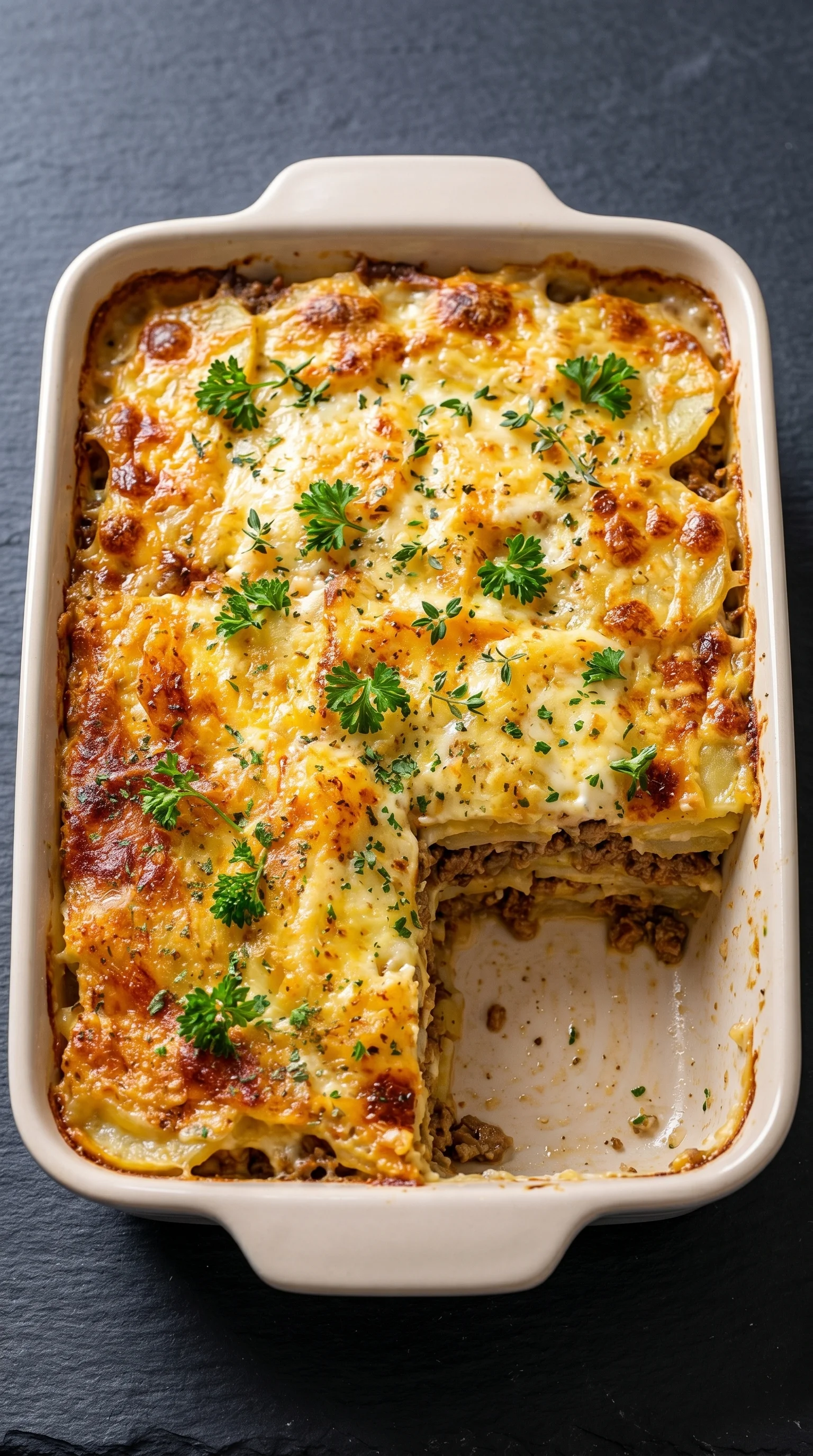 A cremiger hackfleisch- und kartoffelauflauf in a white dish.