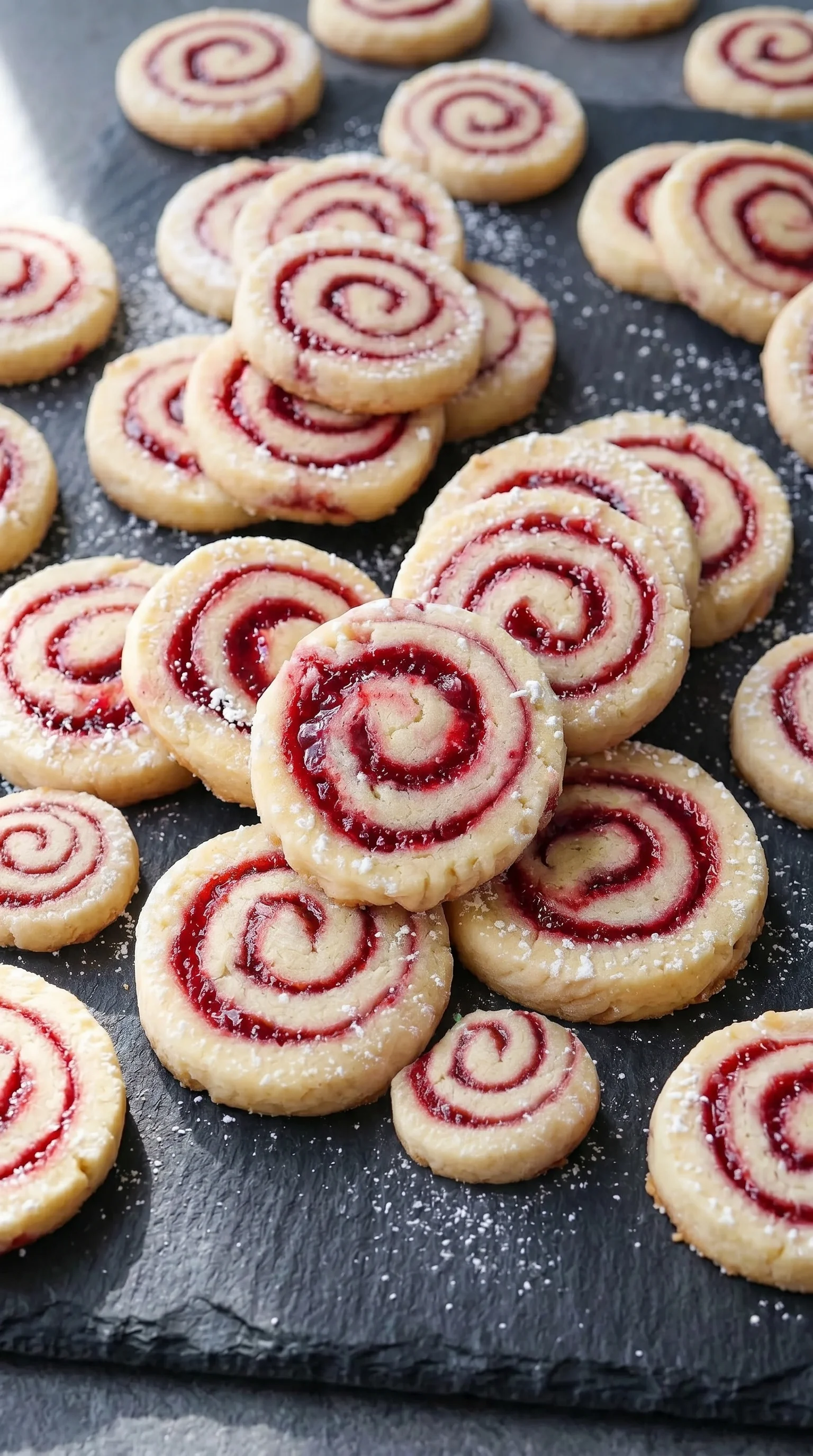 A plate of shortbread cookies with a swirl pattern and a jam filling.
