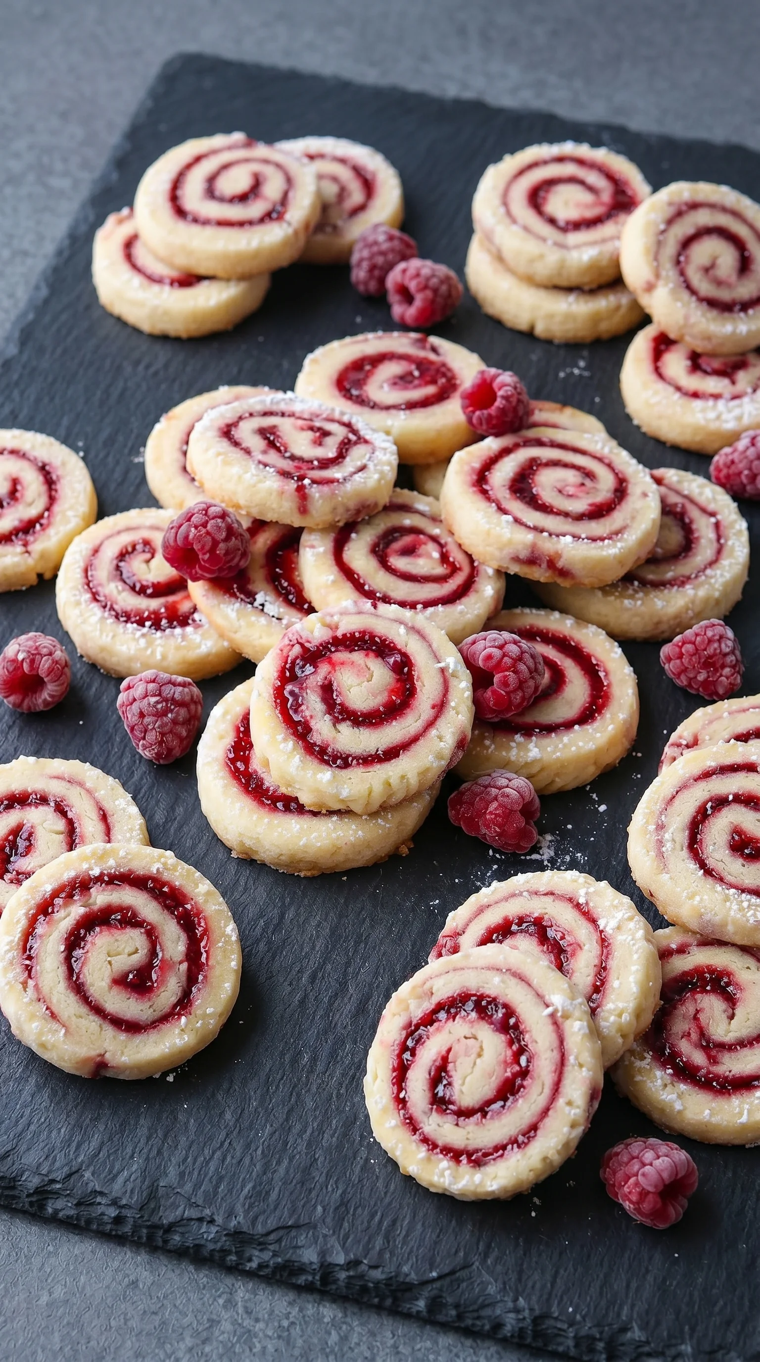 A plate of shortbread cookies with raspberry swirls.