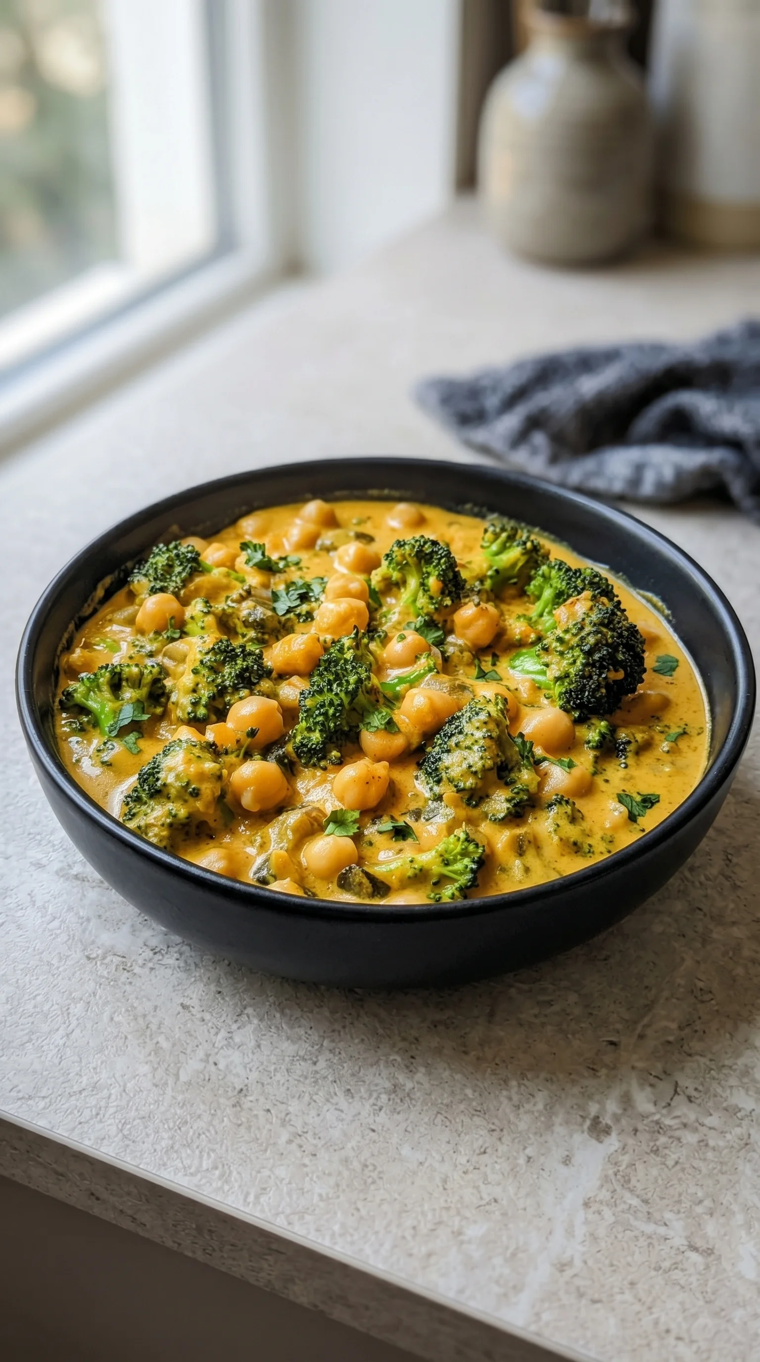 A bowl of creamy broccoli and chickpeas.