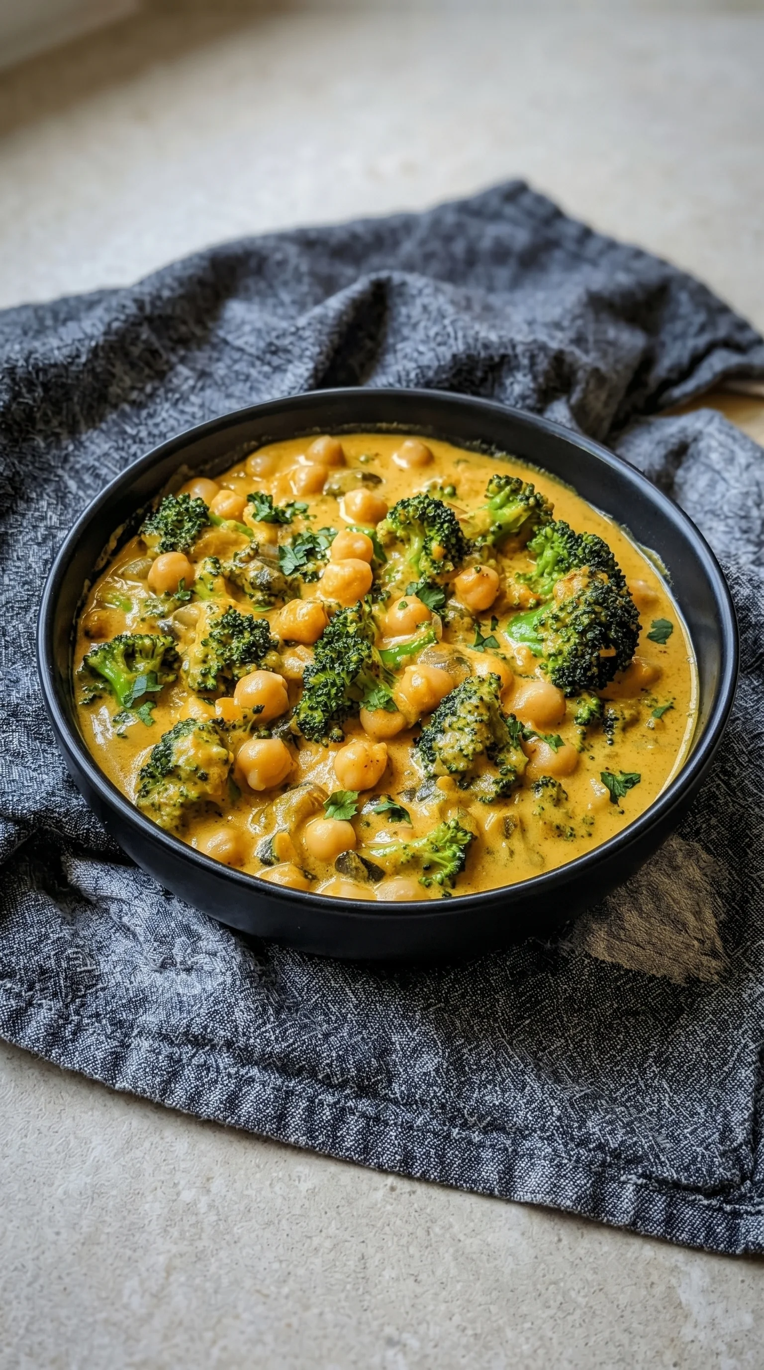 A bowl of creamy broccoli and chickpea curry.