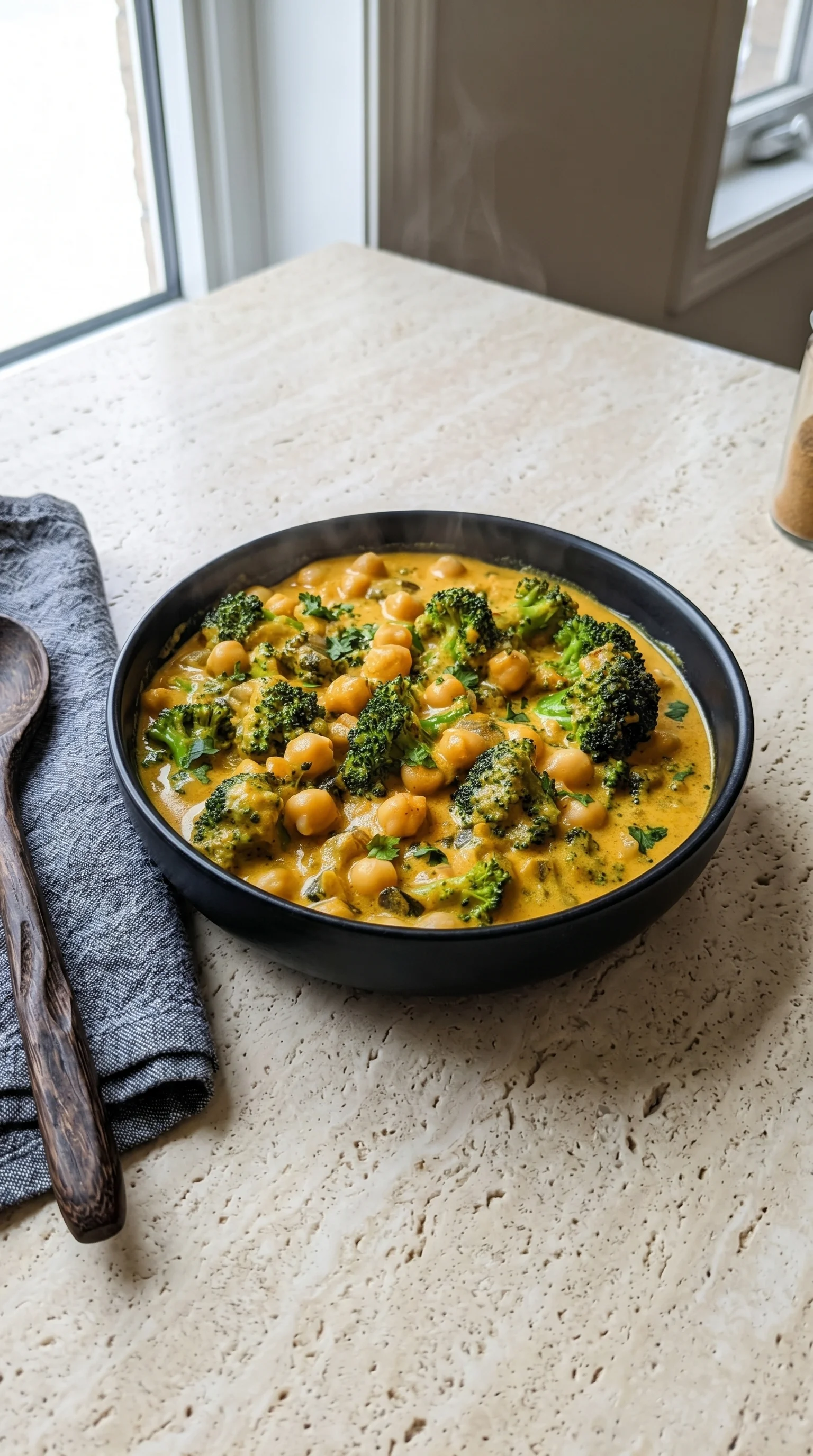 A bowl of creamy broccoli and chickpeas.