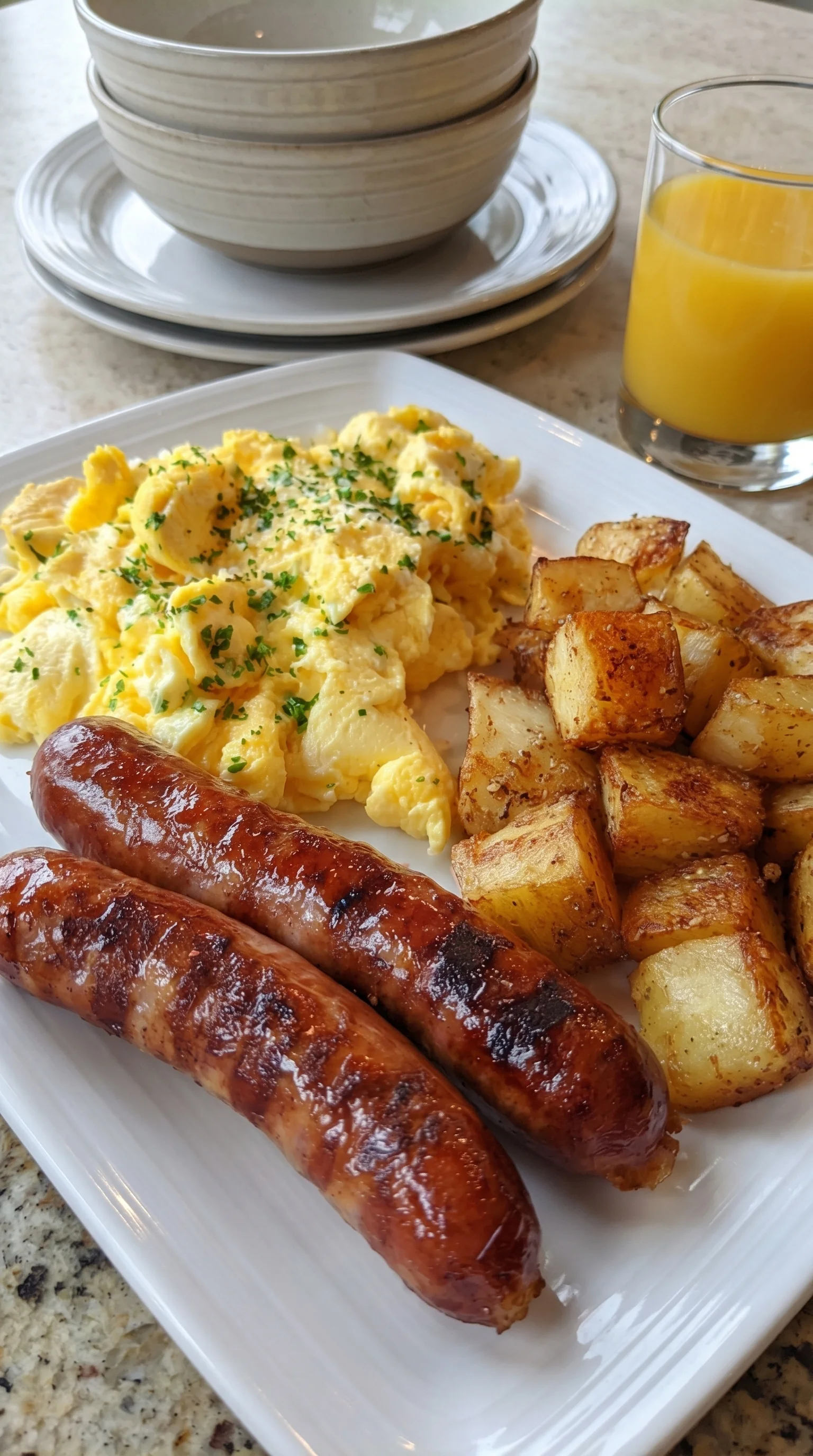 A plate of food with eggs and sausage.
