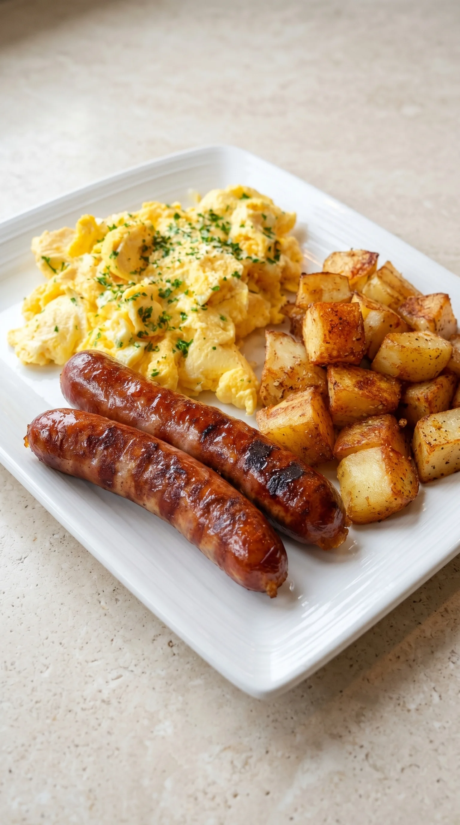 Plate of breakfast foods including eggs and sausage.