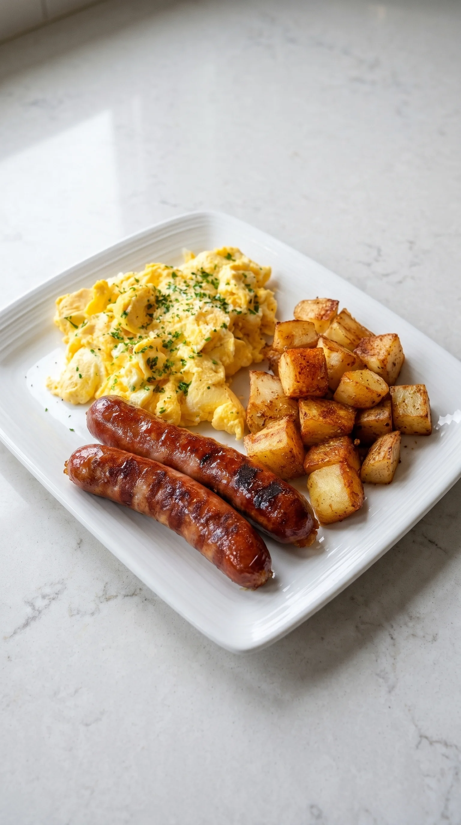 A plate of food with sausage and eggs.