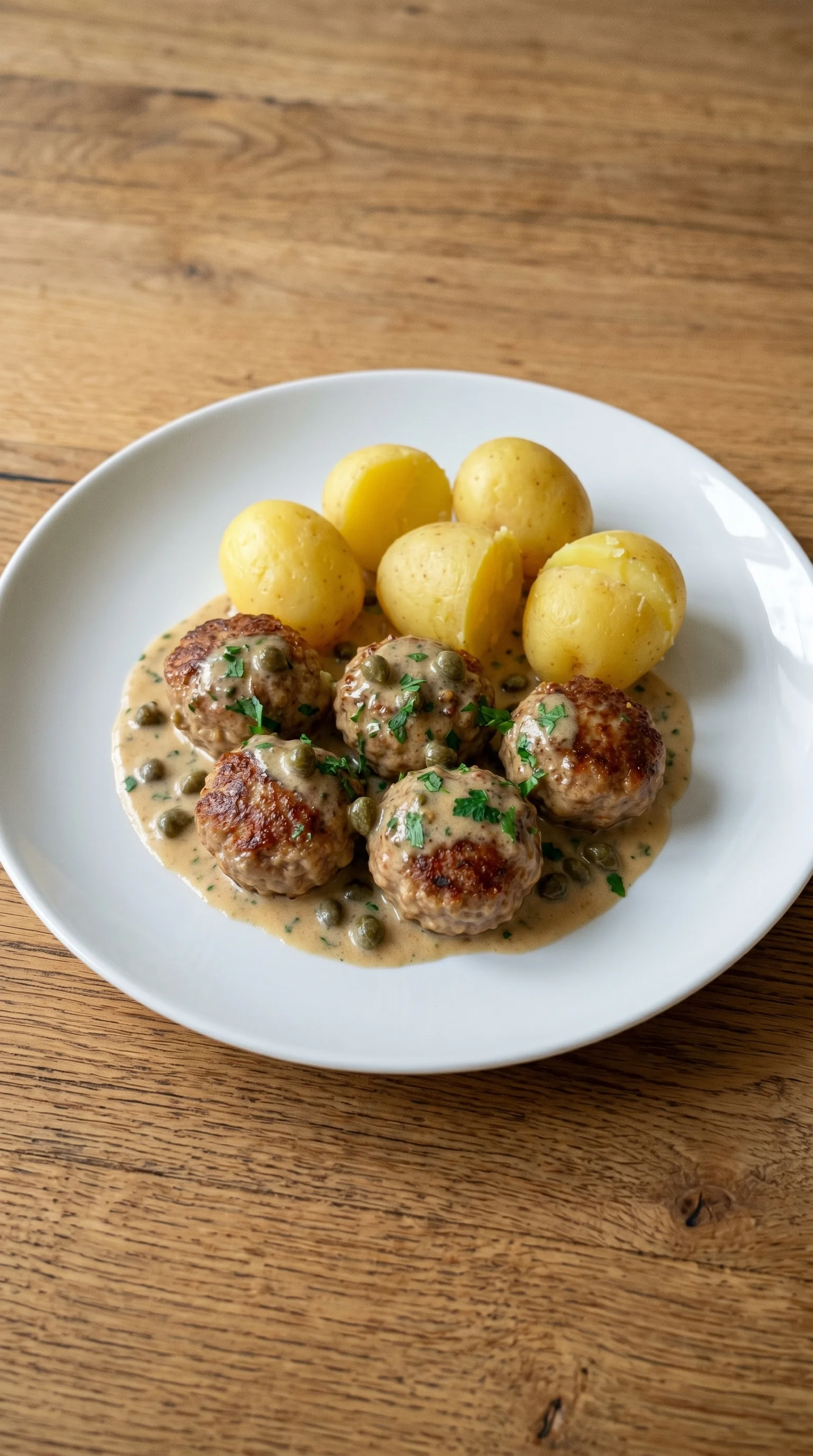 A plate of food with meatballs and potatoes.