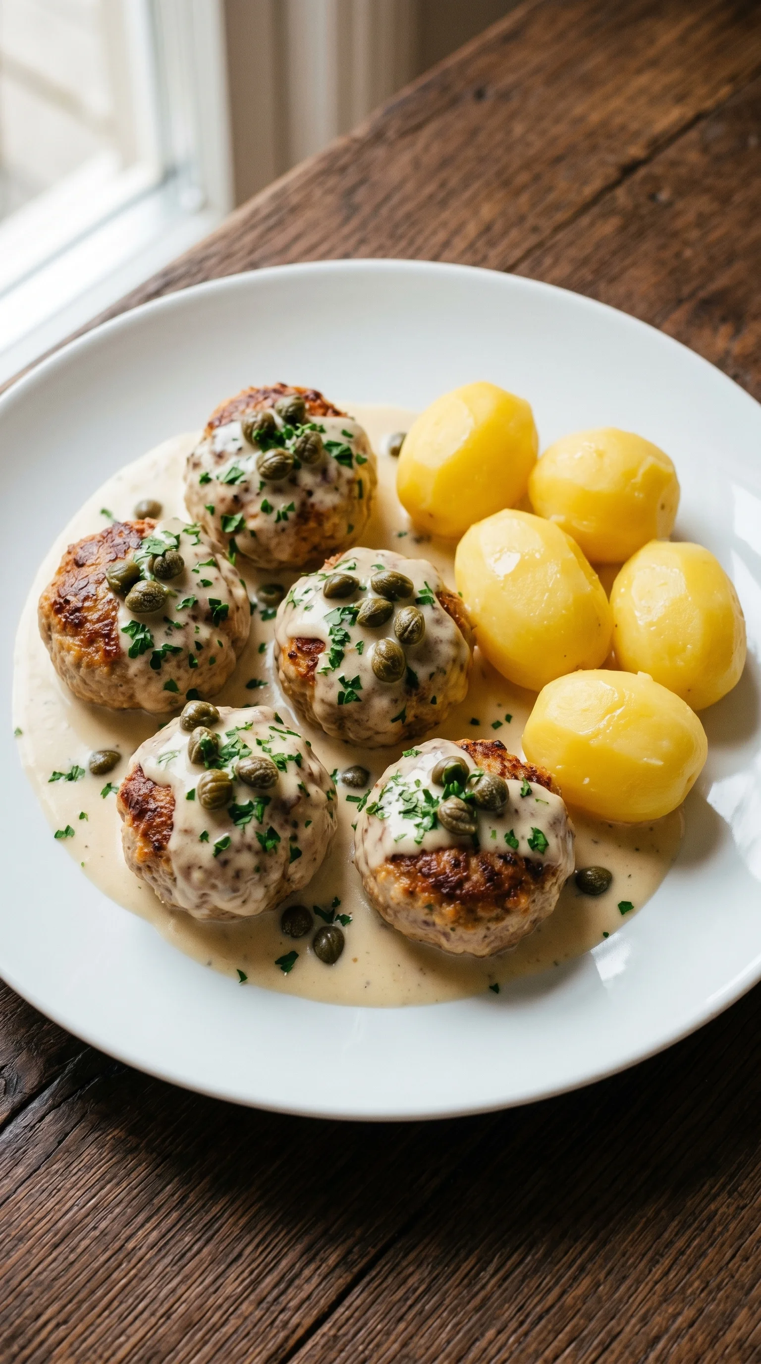 A plate of food with a couple of meatballs and potatoes.