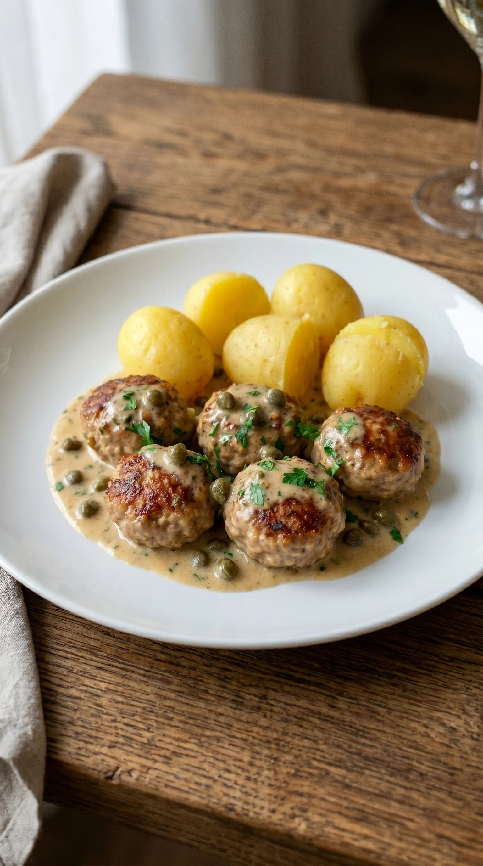 A plate of meatballs with sauce and potatoes.