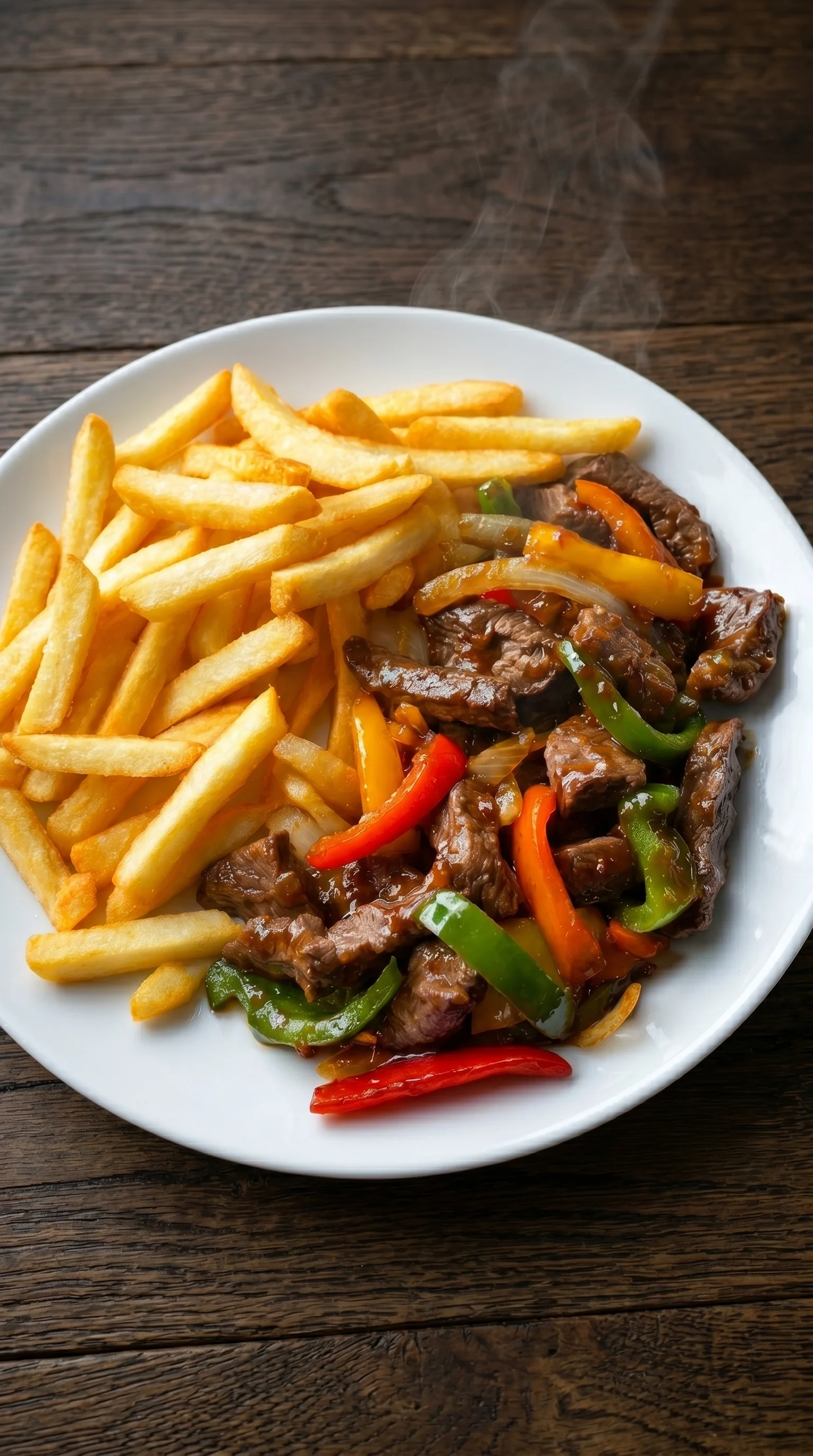 A plate of beef and vegetables with french fries.