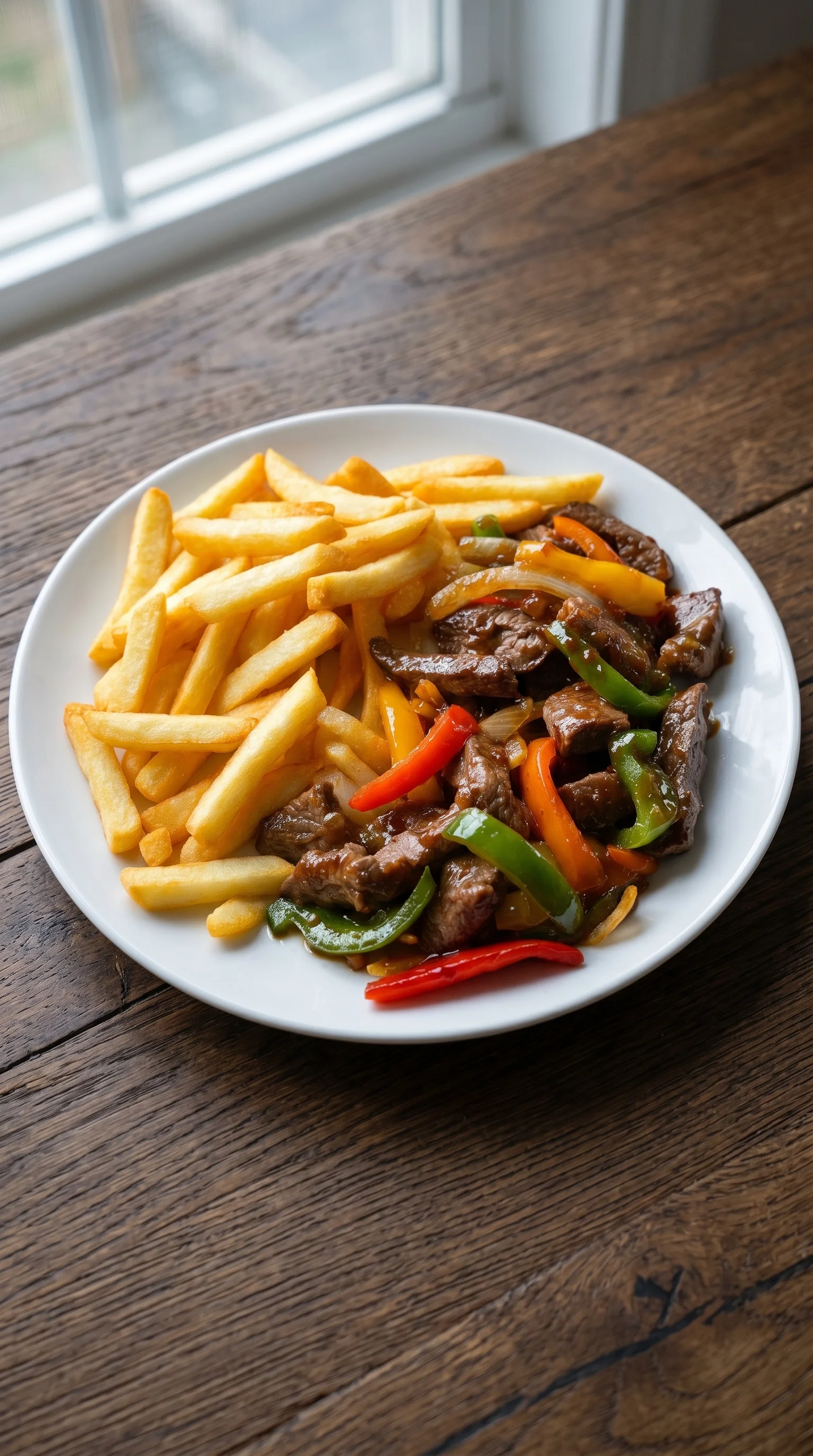A plate of beef and vegetables with french fries.