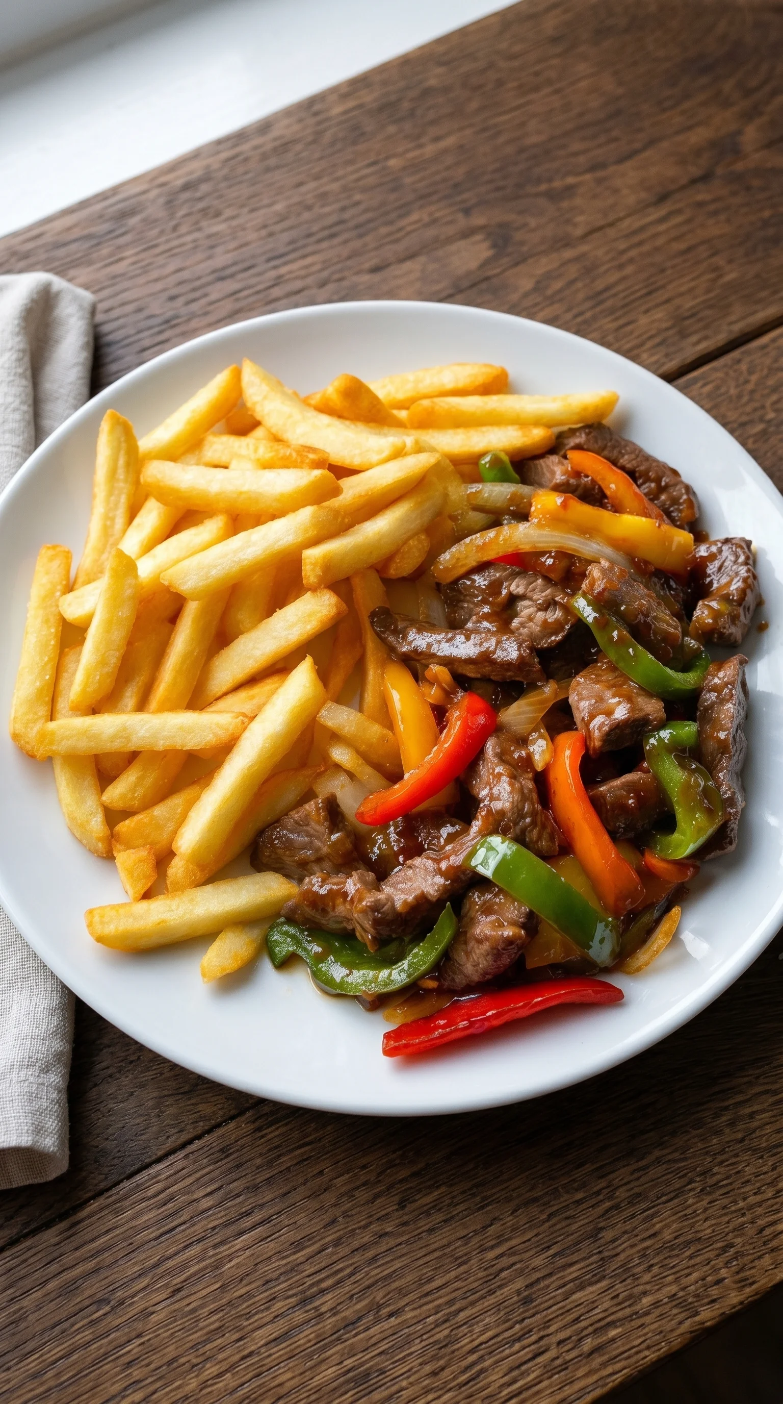 A plate of beef and vegetables with french fries.
