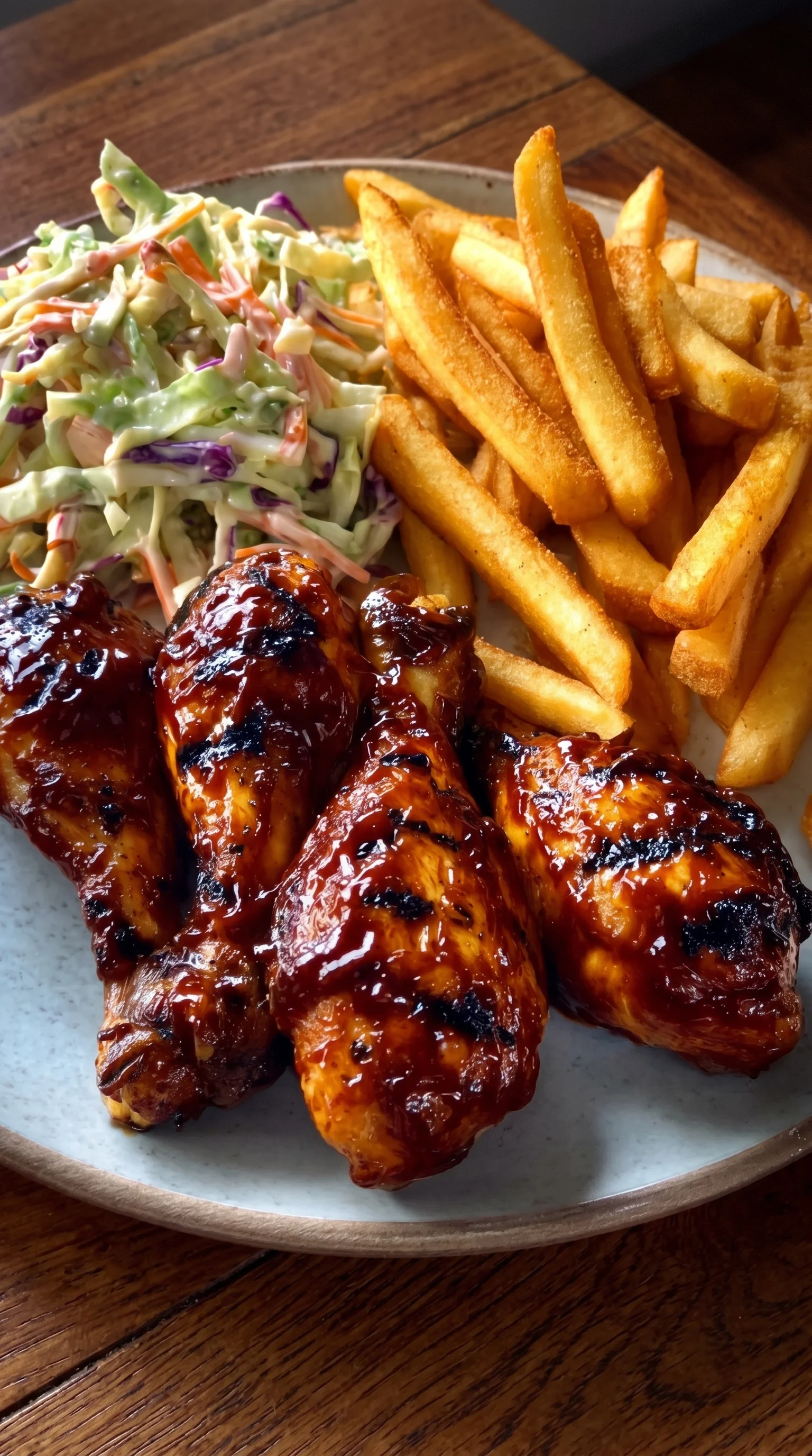 A plate of BBQ chicken wings with fries and coleslaw.
