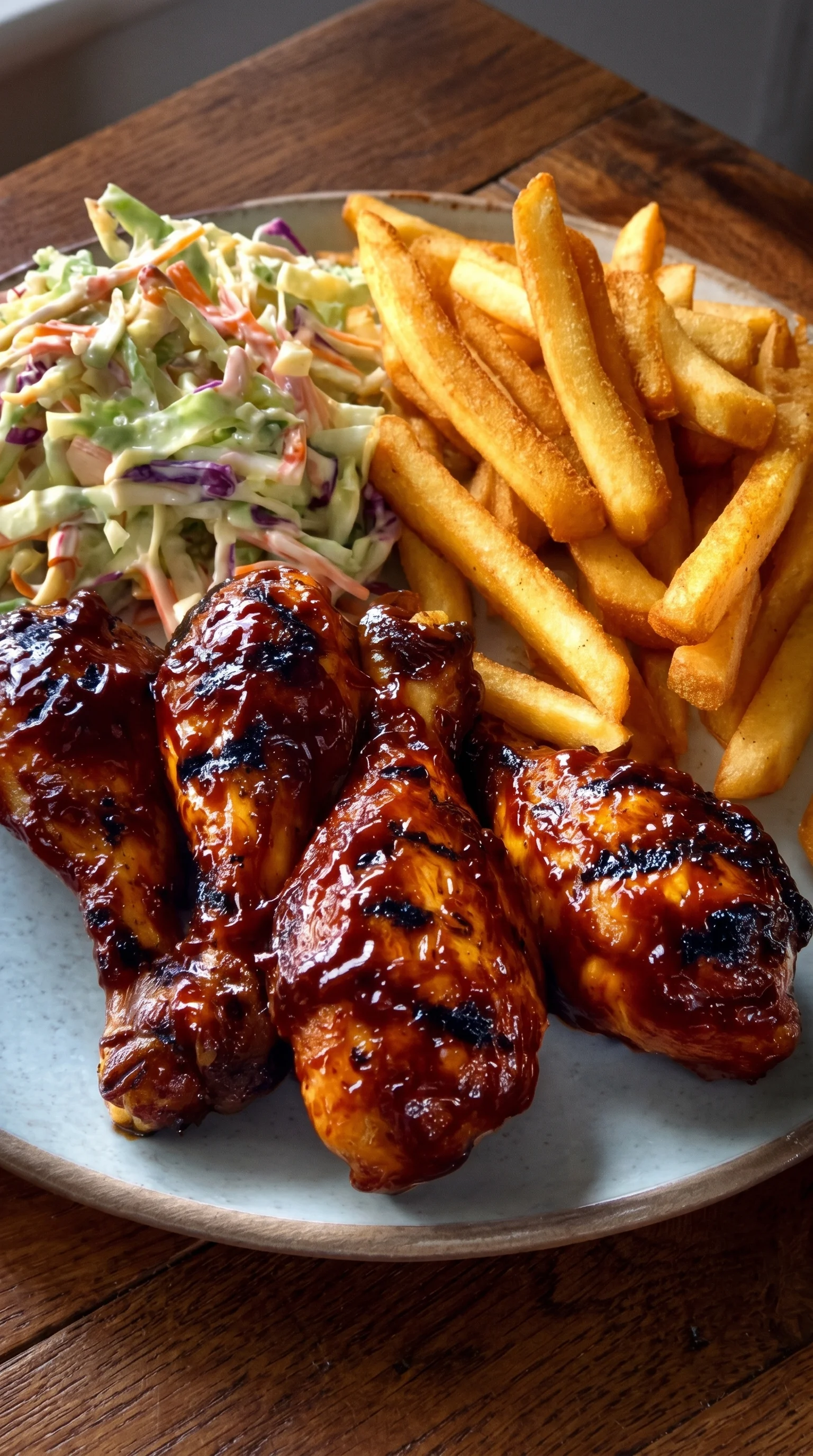 A plate of BBQ chicken wings with fries and coleslaw.