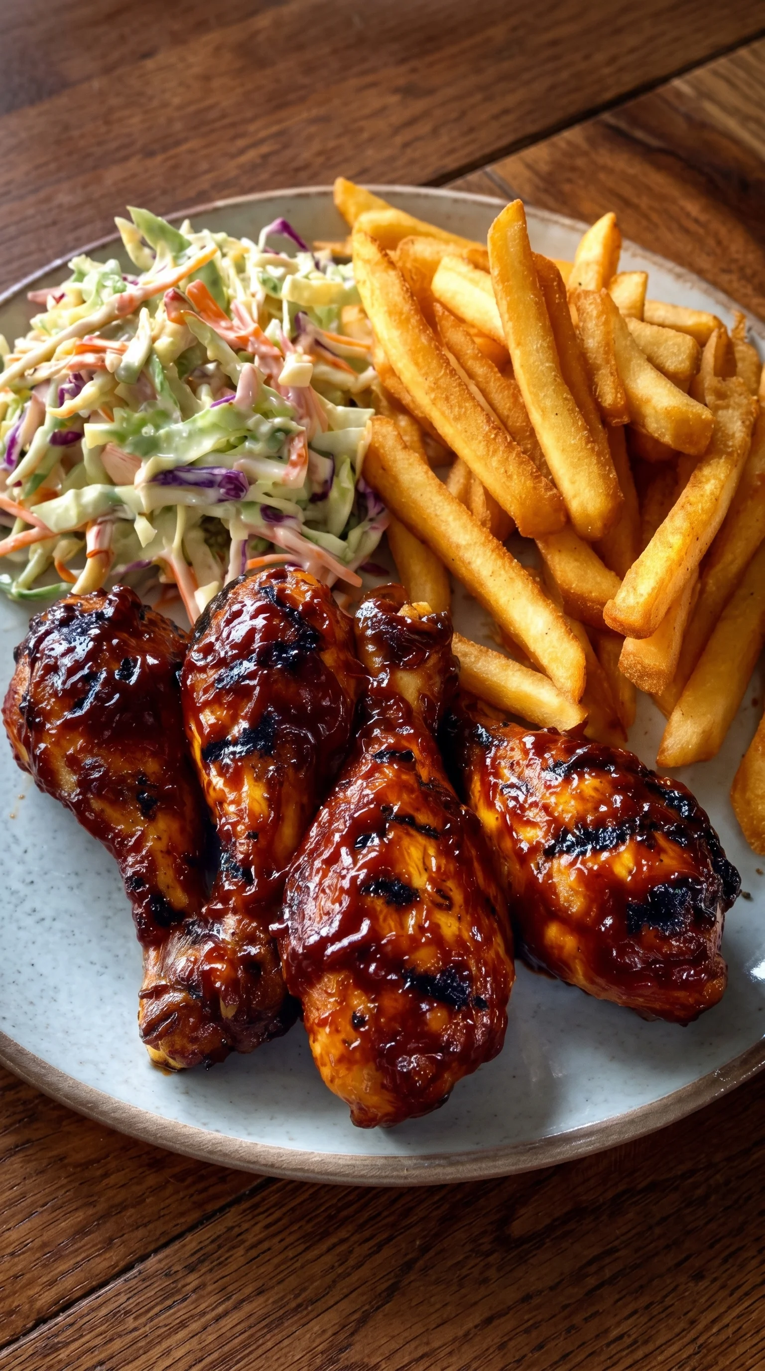 A plate of BBQ chicken wings with fries and coleslaw.