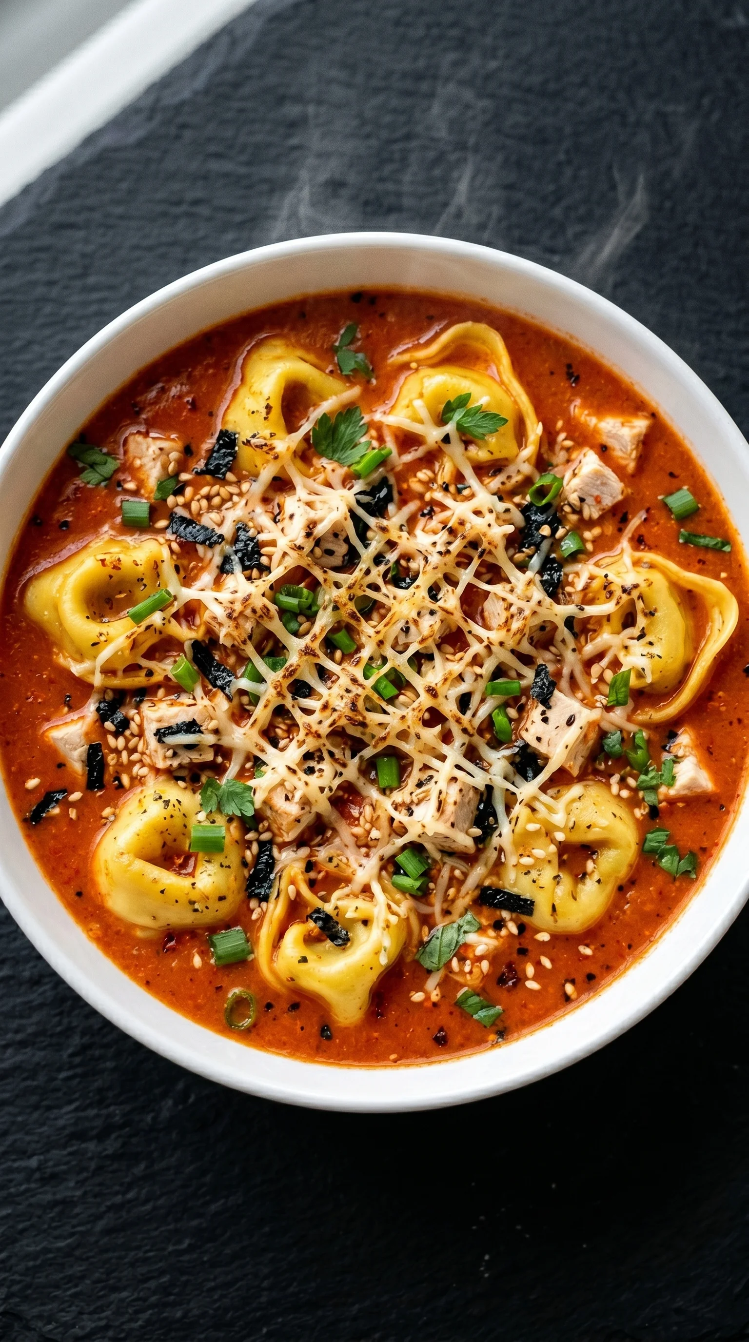 A bowl of soup with noodles and cheese.
