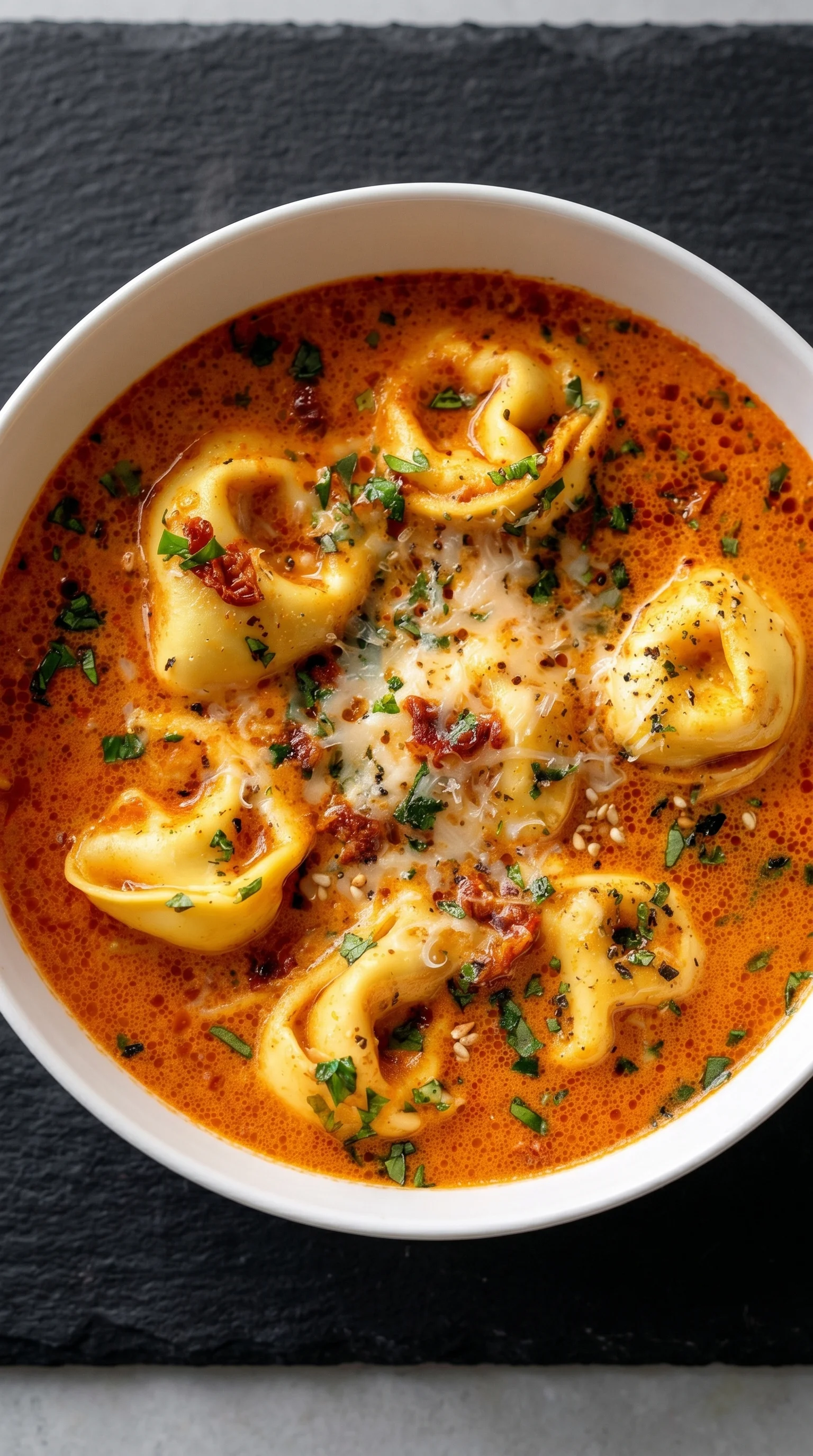 A bowl of tomato and cheese soup with pasta.