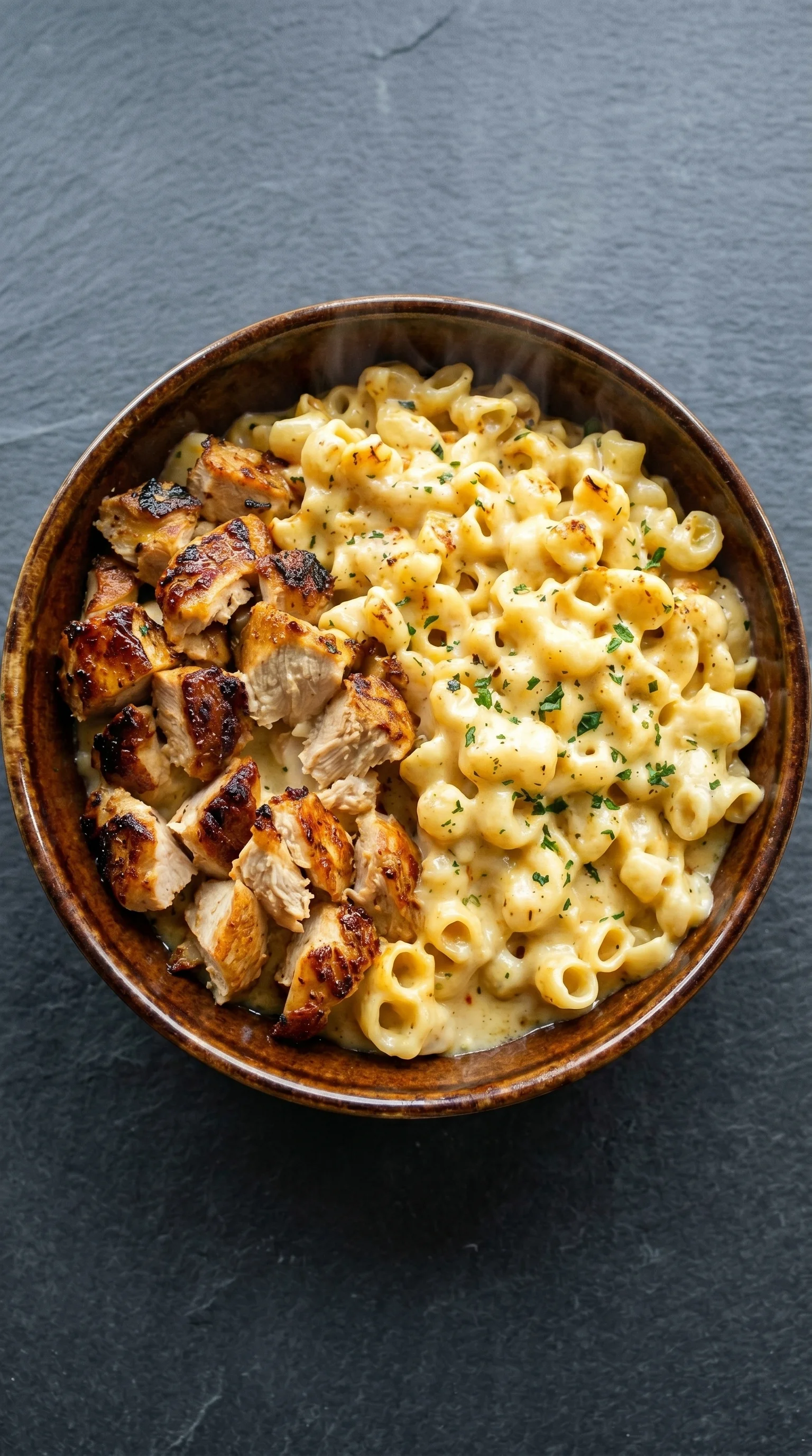 A bowl of mac and cheese with chicken.