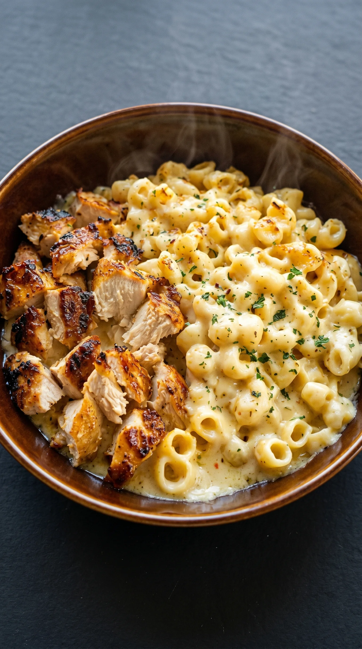 A bowl of mac and cheese with chicken.