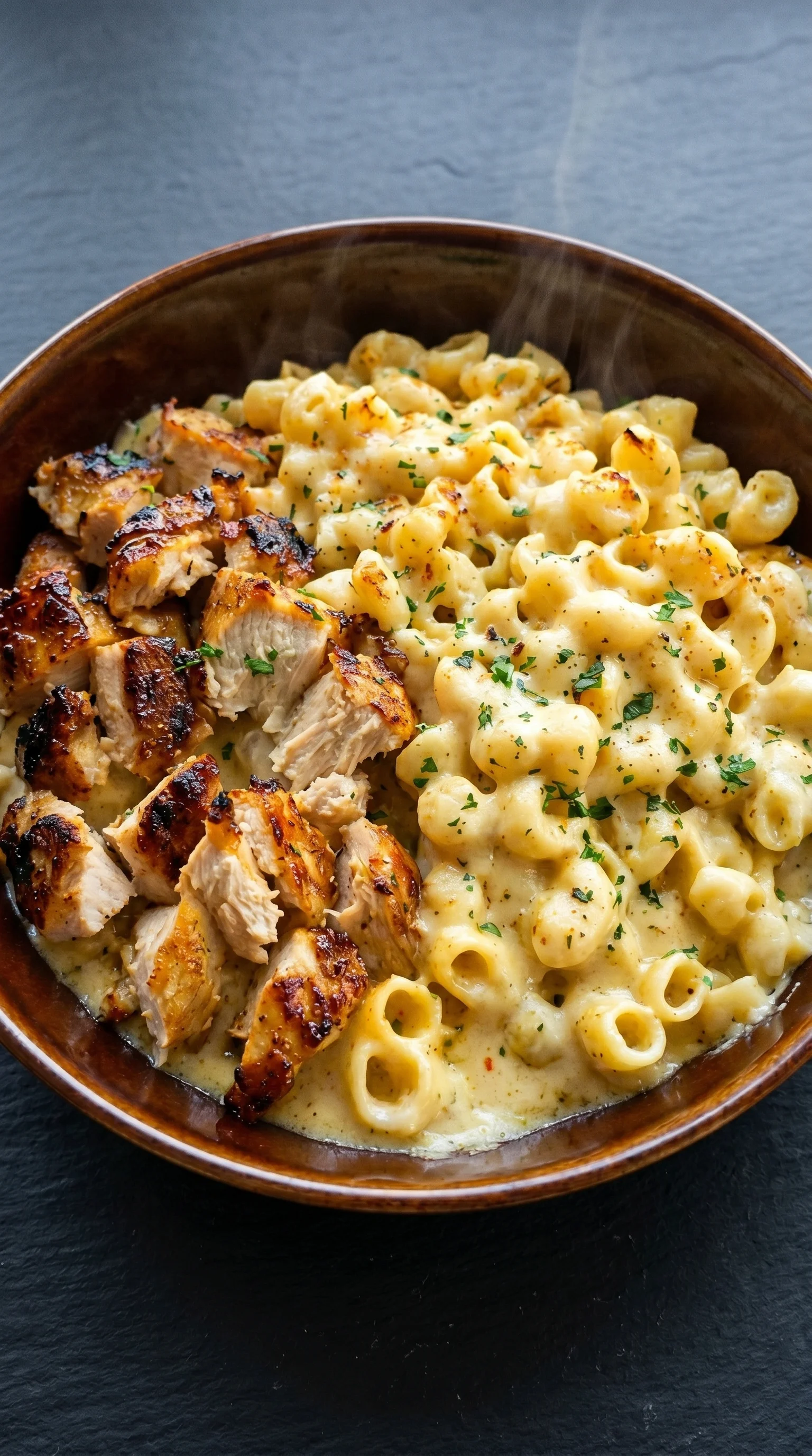 A bowl of mac and cheese with chicken.