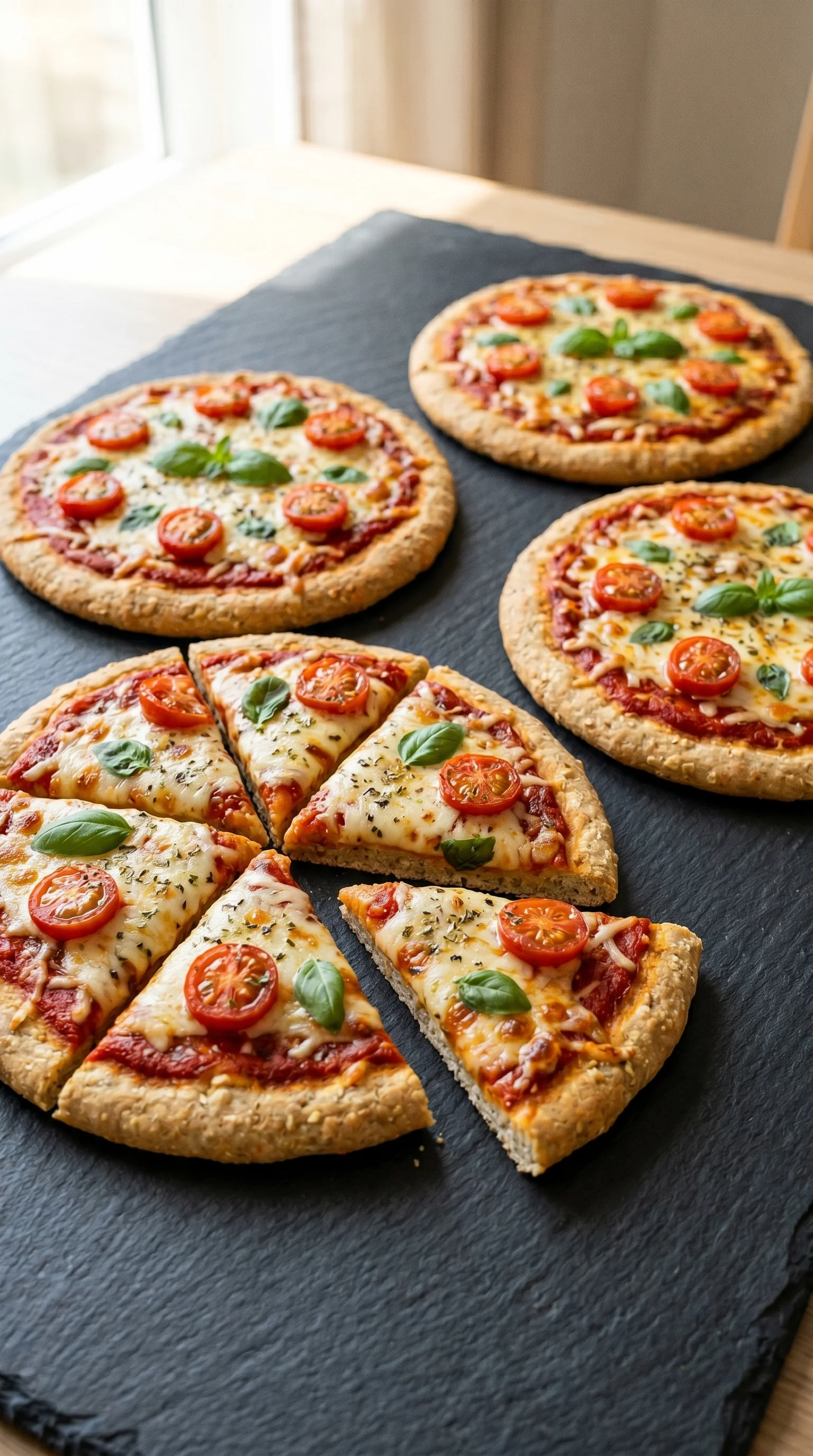 A pizza with tomatoes and basil on a black table.