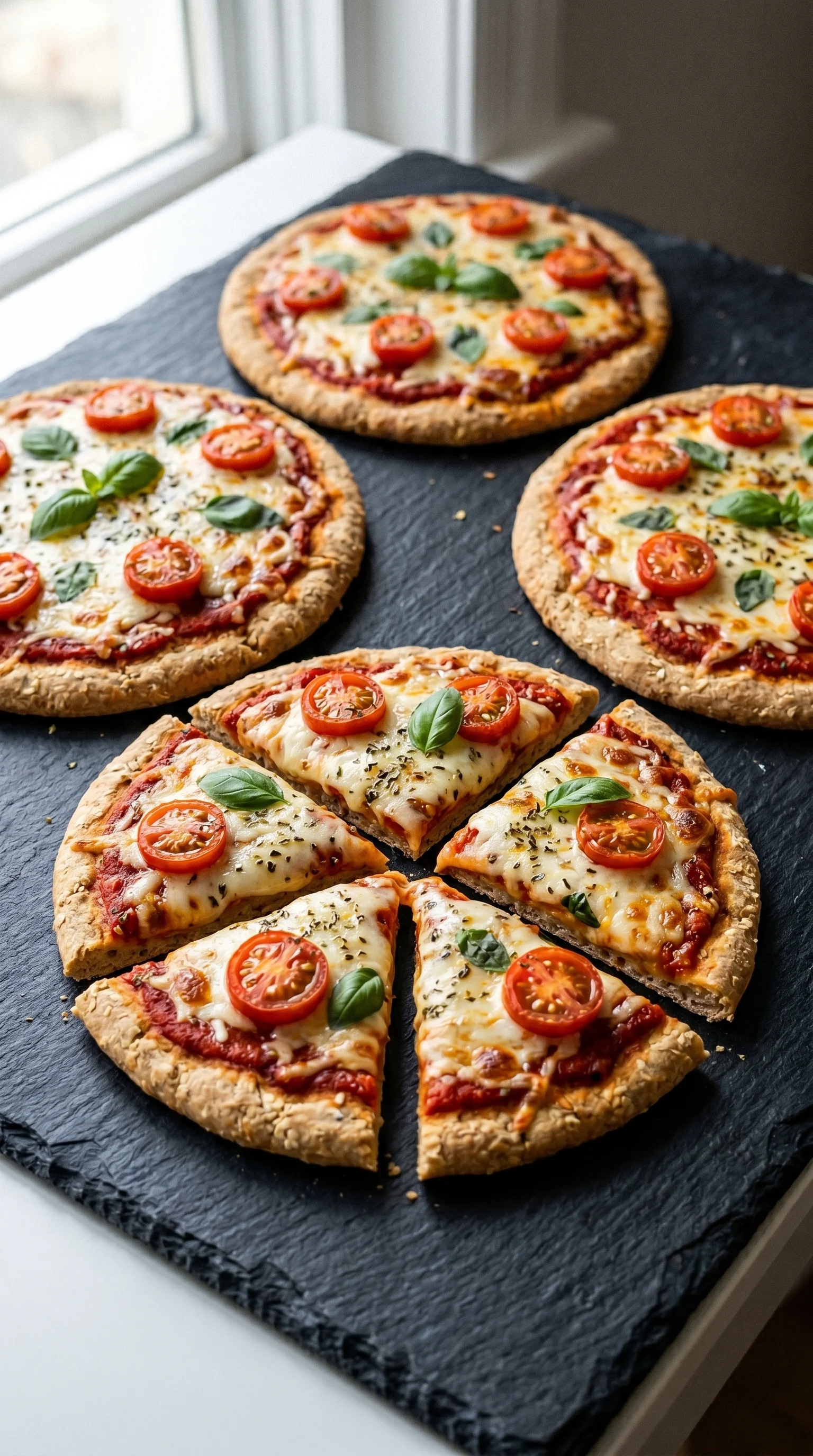 A pizza with tomatoes and basil on a black table.